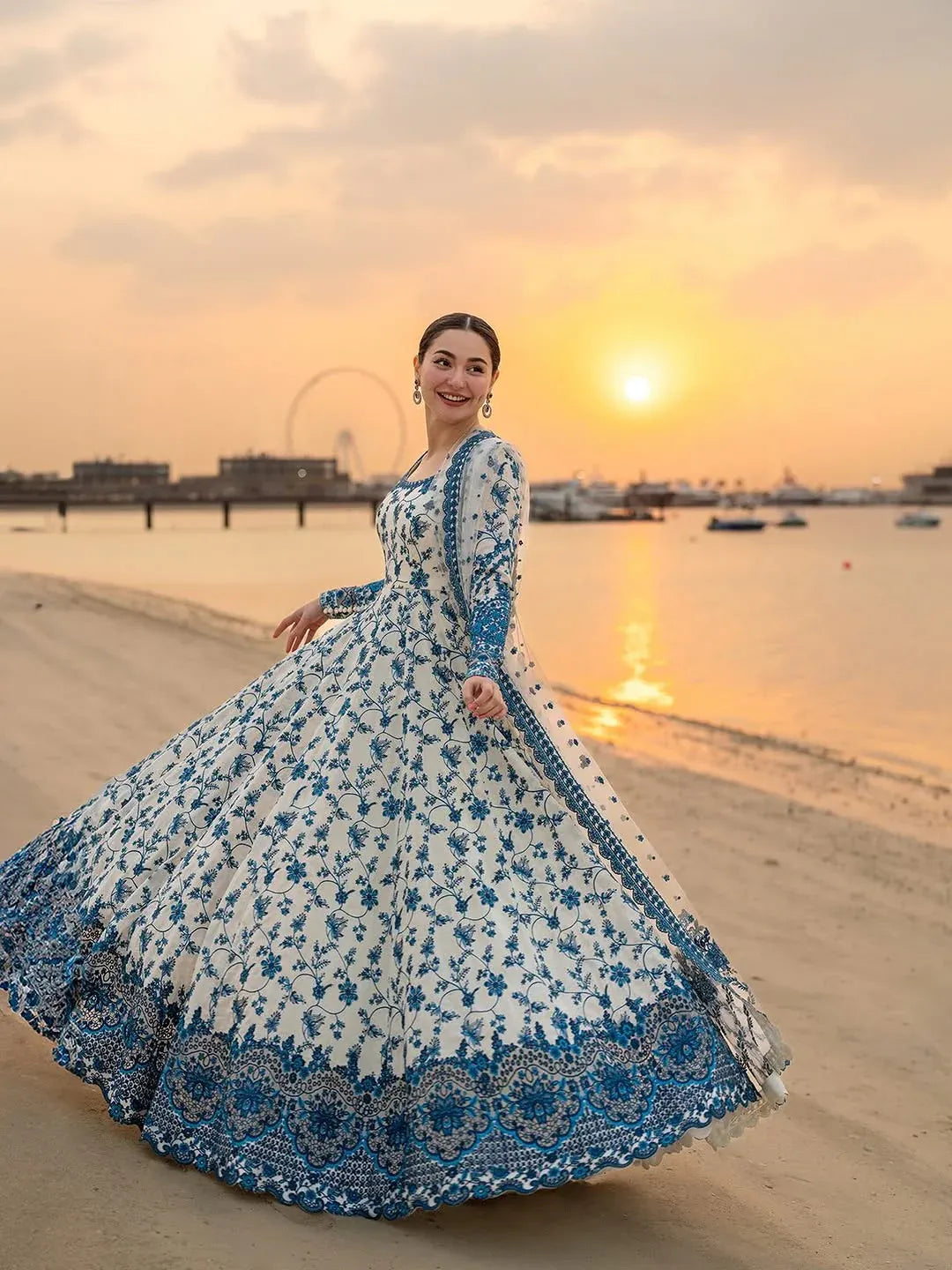 White Blue Floral Anarkali Suit for Women | Party , Wedding Dress For Women