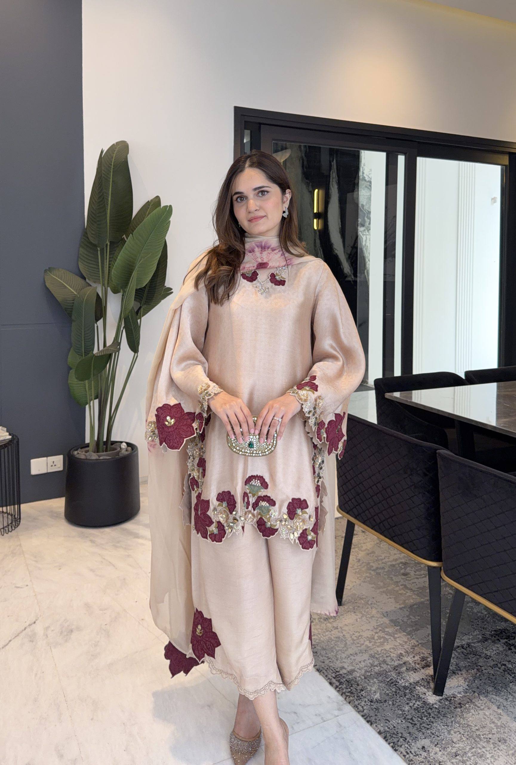 Champagne Beige Farshi Salwar Suit with Floral Embroidery & Designer Dupatta For Women