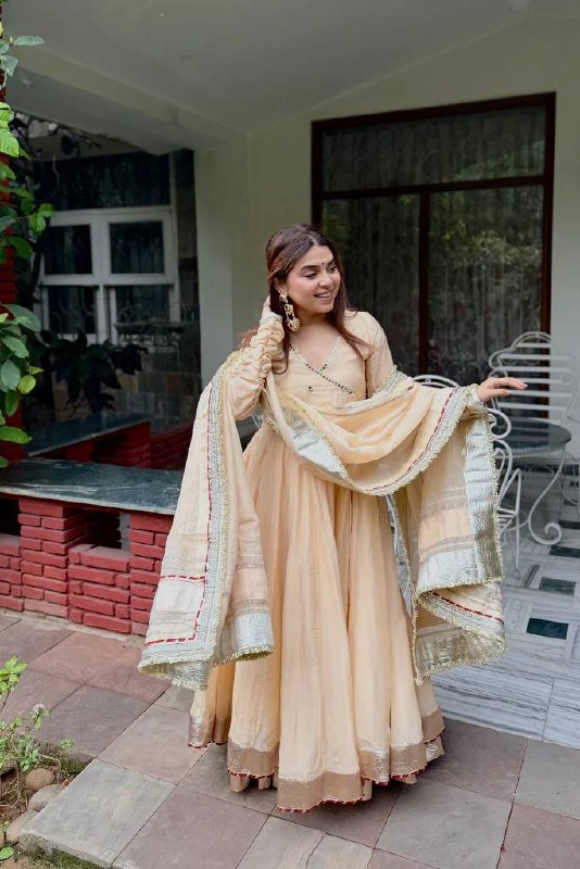 Ivory Cream Tabby Organza Silk Anarkali Lehenga Set with Dupatta | wedding wear for women
