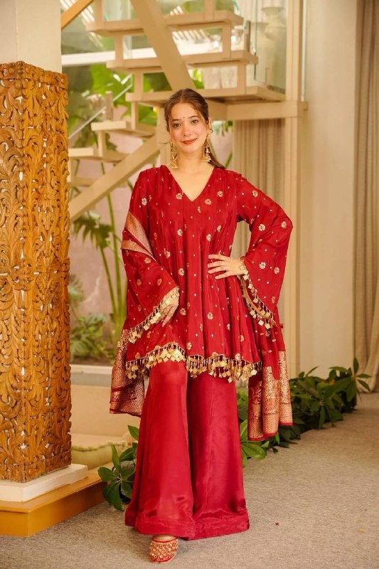 Red Satin Silk Palazzo Suit Set for Women | Designer Festive, Mehendi & Wedding Wear