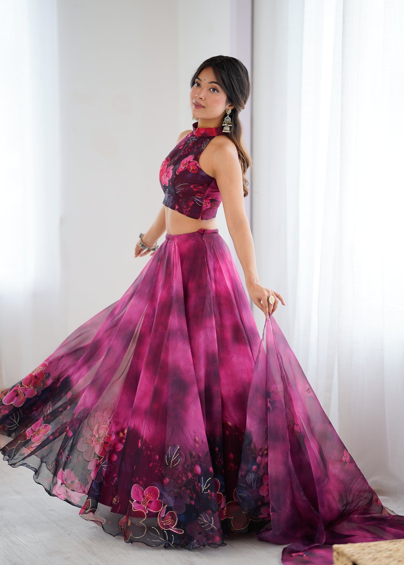 Modern Partywear Plum Wine Floral Stitched Lehenga Set with Halter Neck Blouse & Dupatta | Lehenga For Women