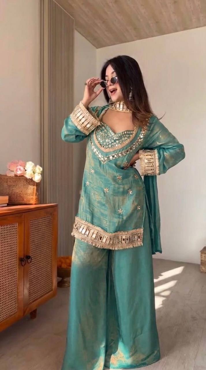 Festive Wear Royal Mirror Work Sharara Set For Women