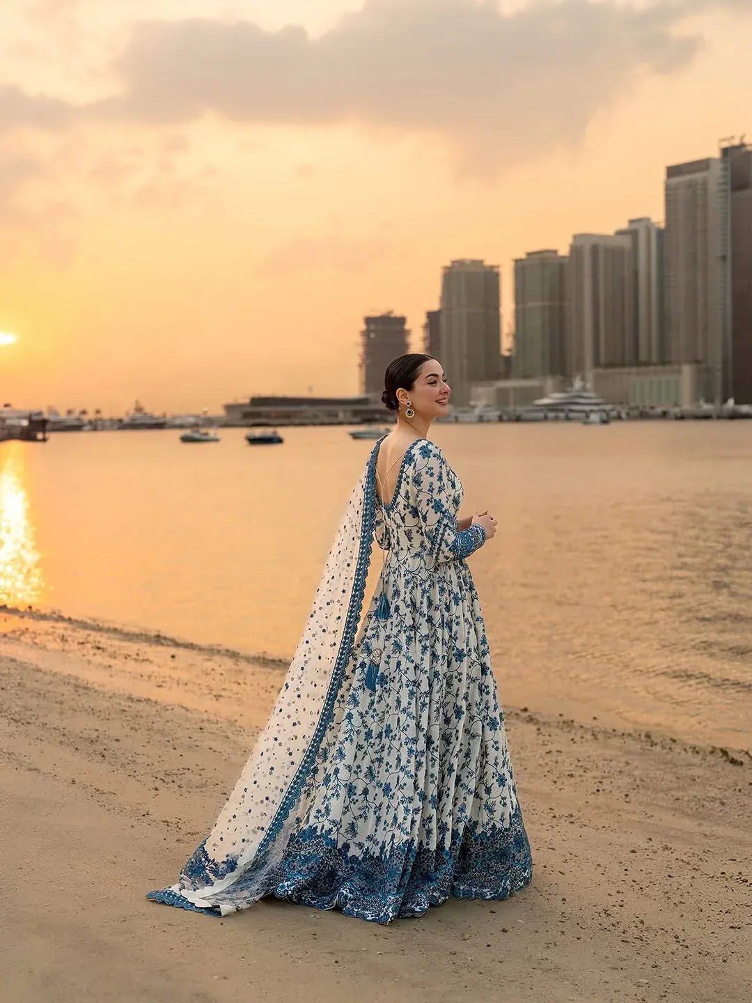 White Blue Floral Anarkali Suit for Women | Party , Wedding Dress For Women