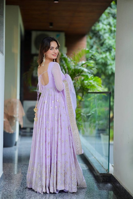 Wedding Wear Lavender Sequin Zari Embroidered Anarkali Suit Set for Women with Dupatta