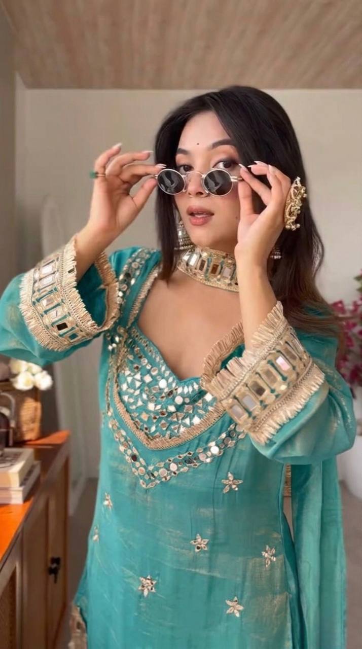 Festive Wear Royal Mirror Work Sharara Set For Women