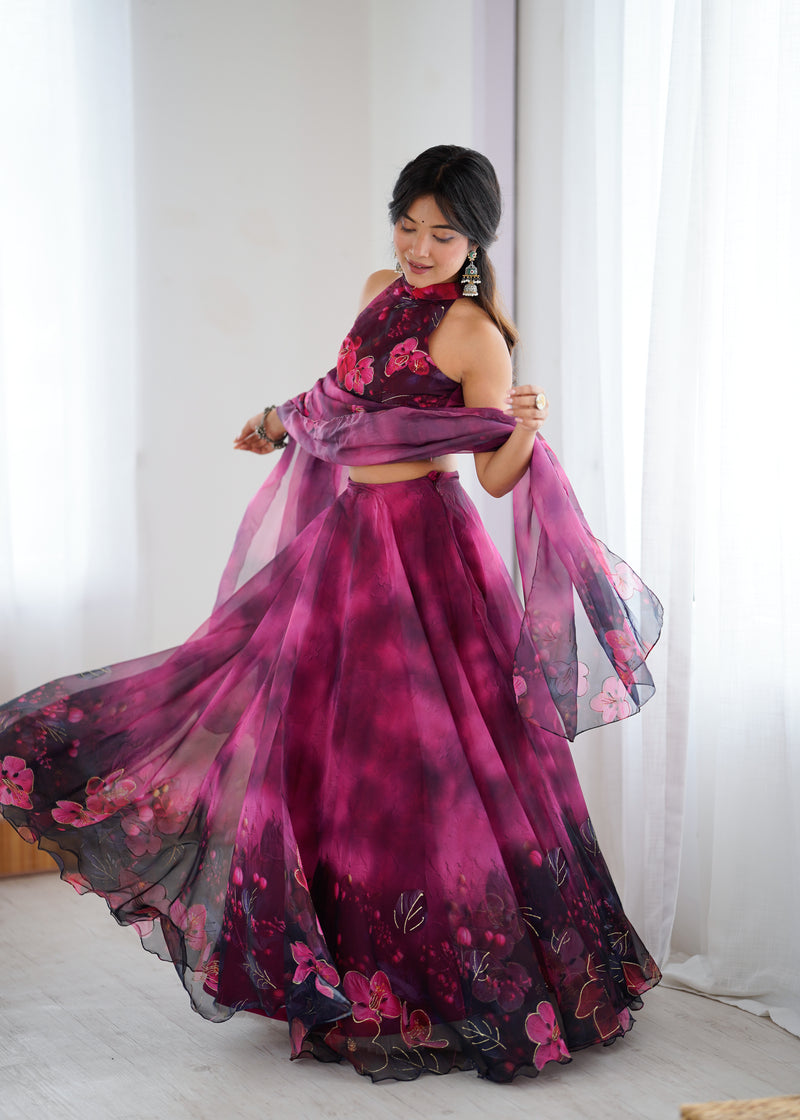 Modern Partywear Plum Wine Floral Stitched Lehenga Set with Halter Neck Blouse & Dupatta | Lehenga For Women