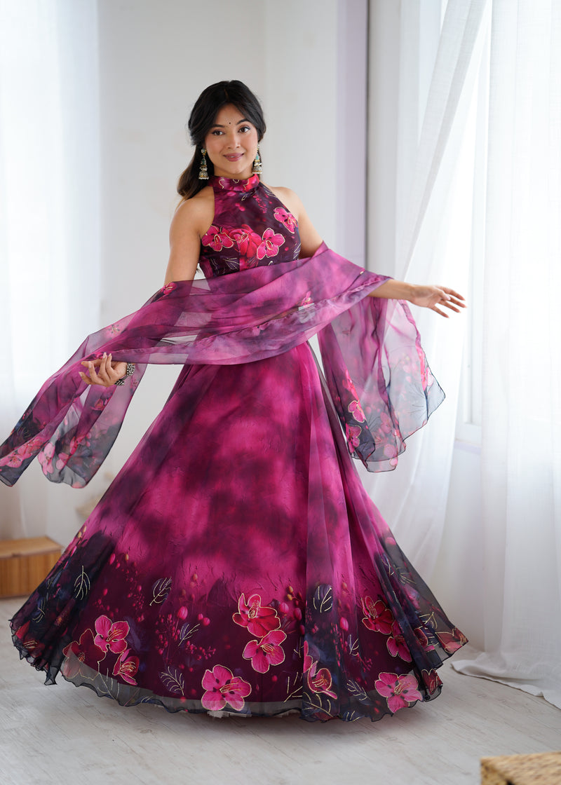 Modern Partywear Plum Wine Floral Stitched Lehenga Set with Halter Neck Blouse & Dupatta | Lehenga For Women