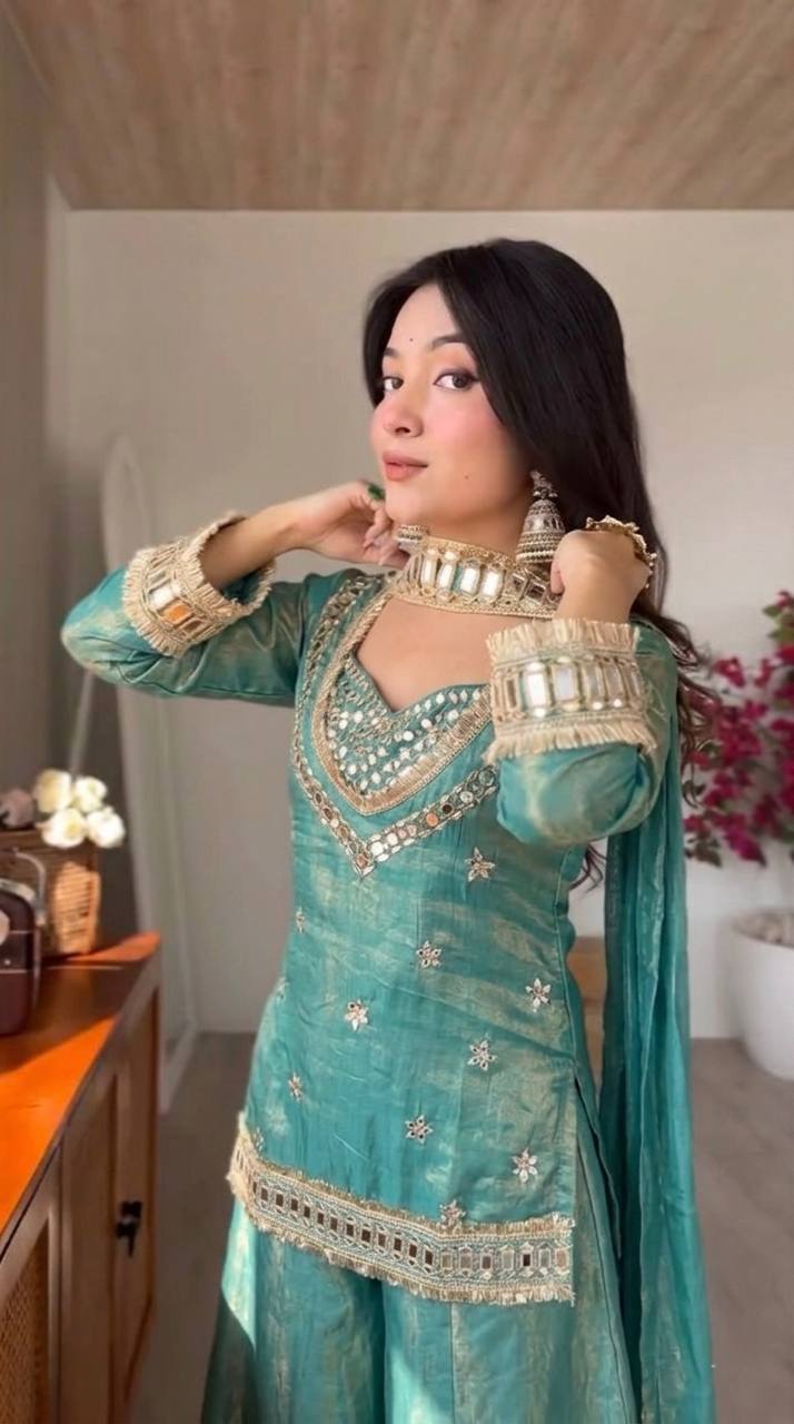 Festive Wear Royal Mirror Work Sharara Set For Women