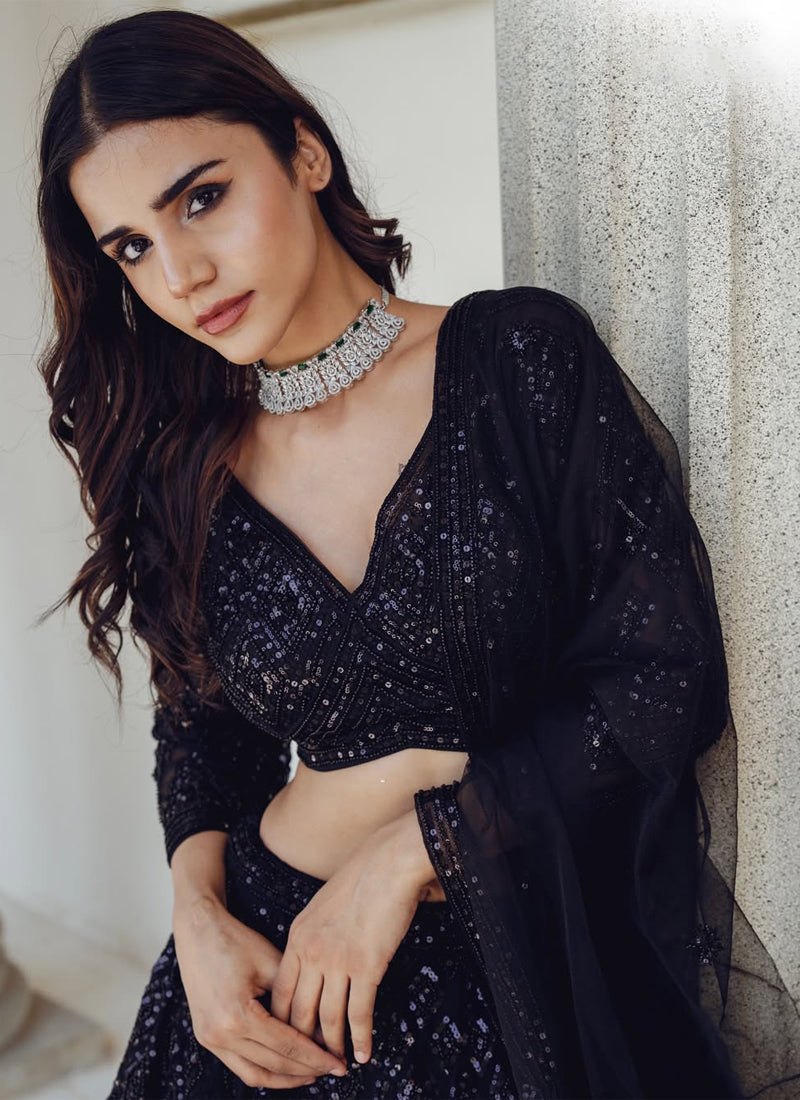 Black Designer Wedding Lehenga with Sequins & Dori Work For Women