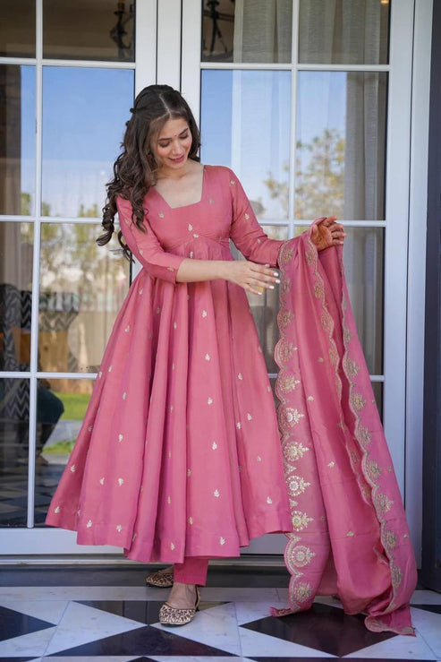 Function Wear Dusty Rose Pink Cosmos Anarkali Suit Set with Palazzo & Embroidered Dupatta