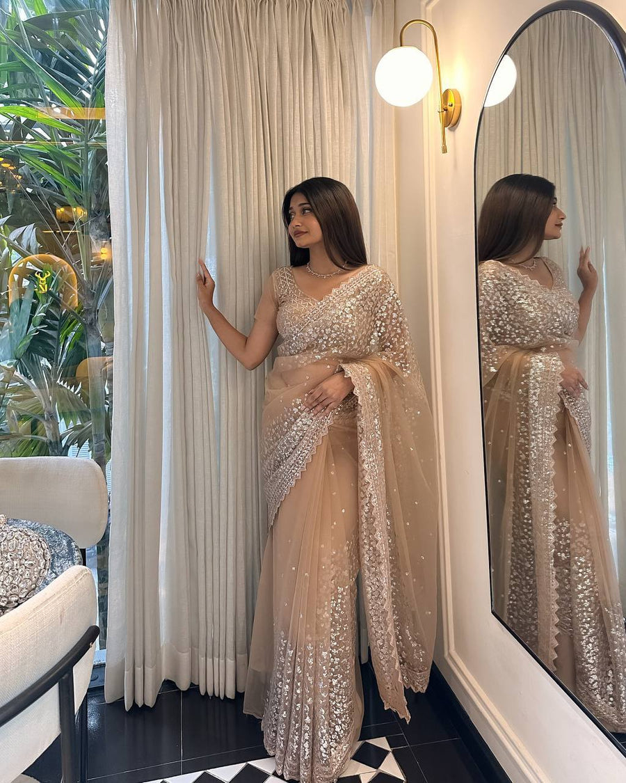 Partywear Beige Butterfly Mono Net Designer Saree with Sequin & Thread Work