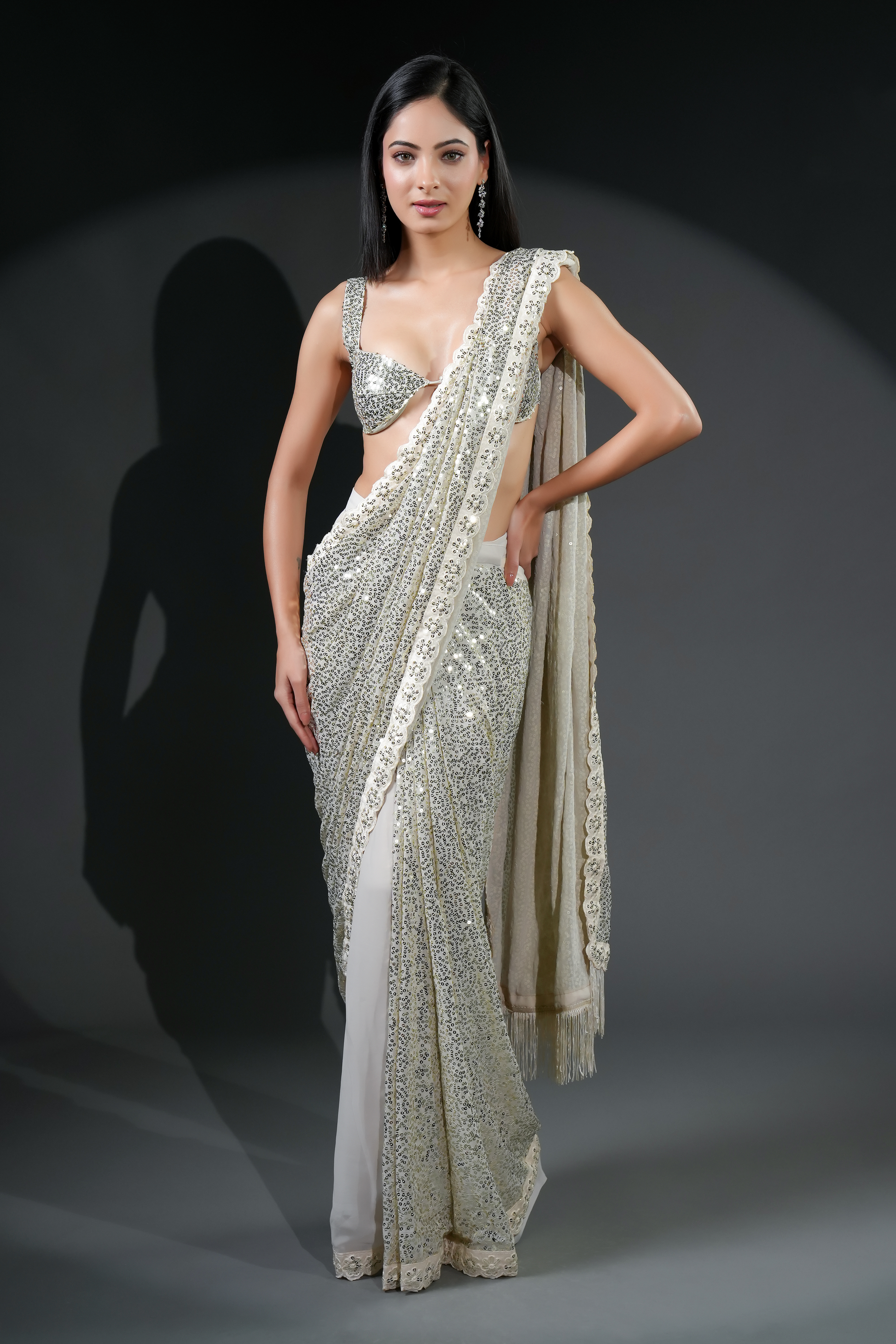 Designer Silver 1 Minute Ready To Wear Saree for Party & Evening Wear