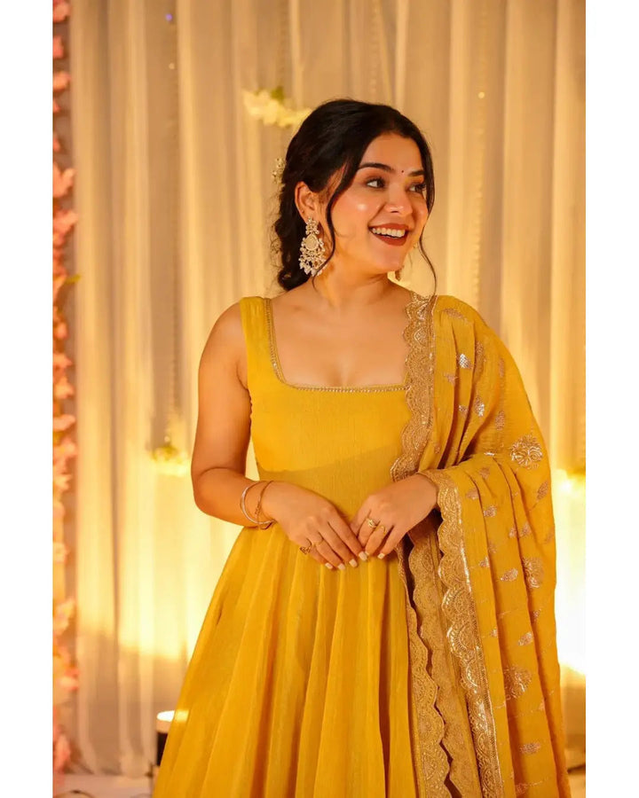 Haldi Wear Mustard Yellow Chinnon Silk Anarkali Suit with Dupatta – Sleeveless & Flared