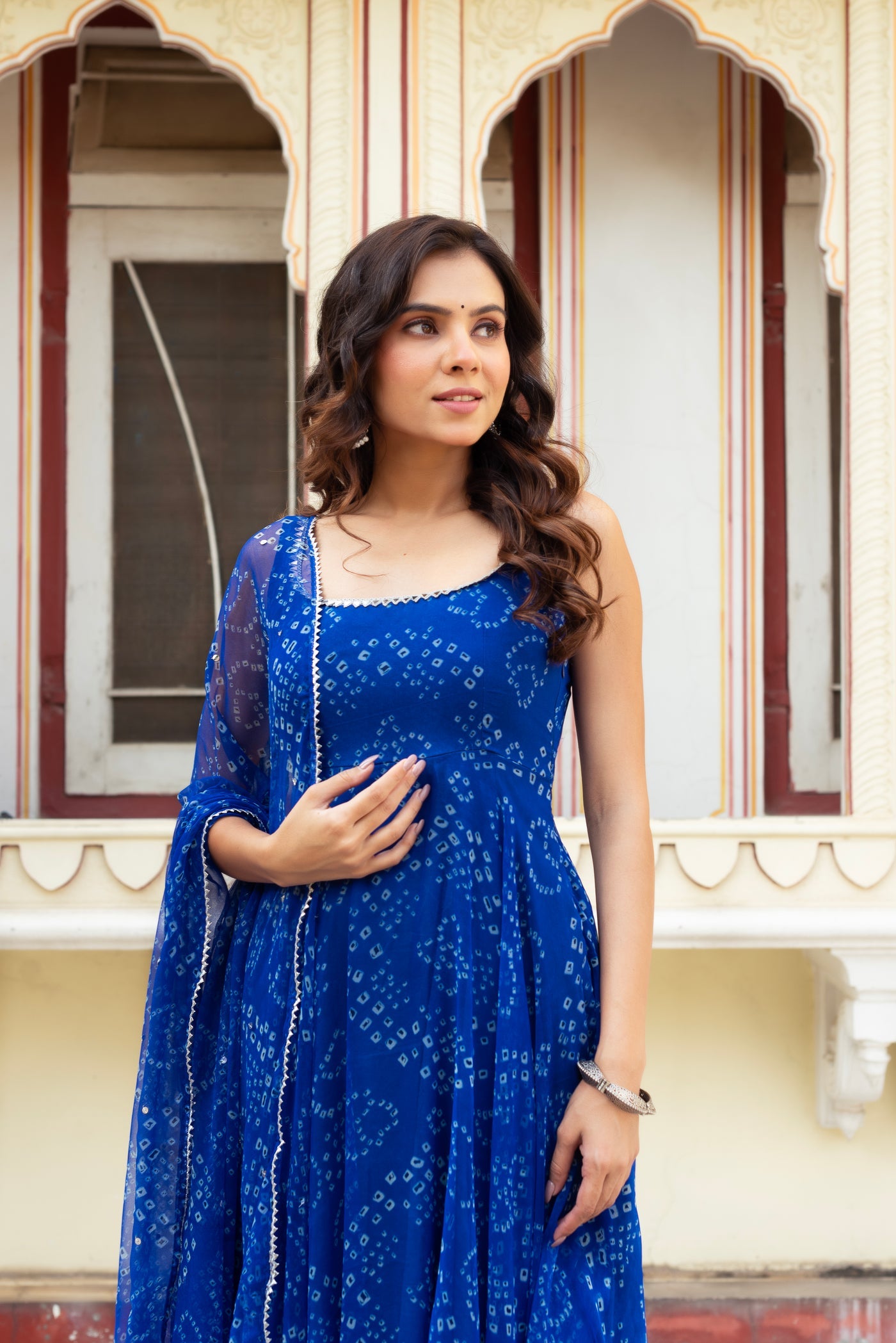 Royal Blue Digital Print Organza Silk Anarkali Suit Set with Dupatta