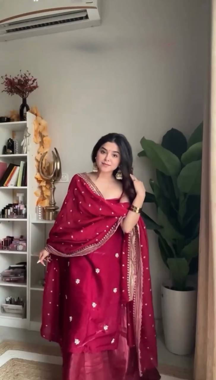 Function Wear Wine Kurta Palazzo Set