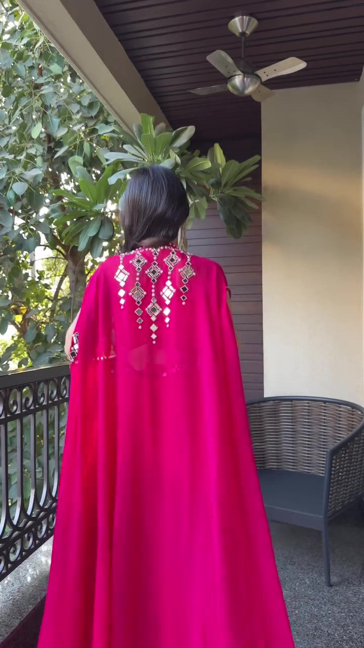 Hot Pink Mirror Work Jacket Style Indo Western Dress For Women | Indo Western Dress For Women