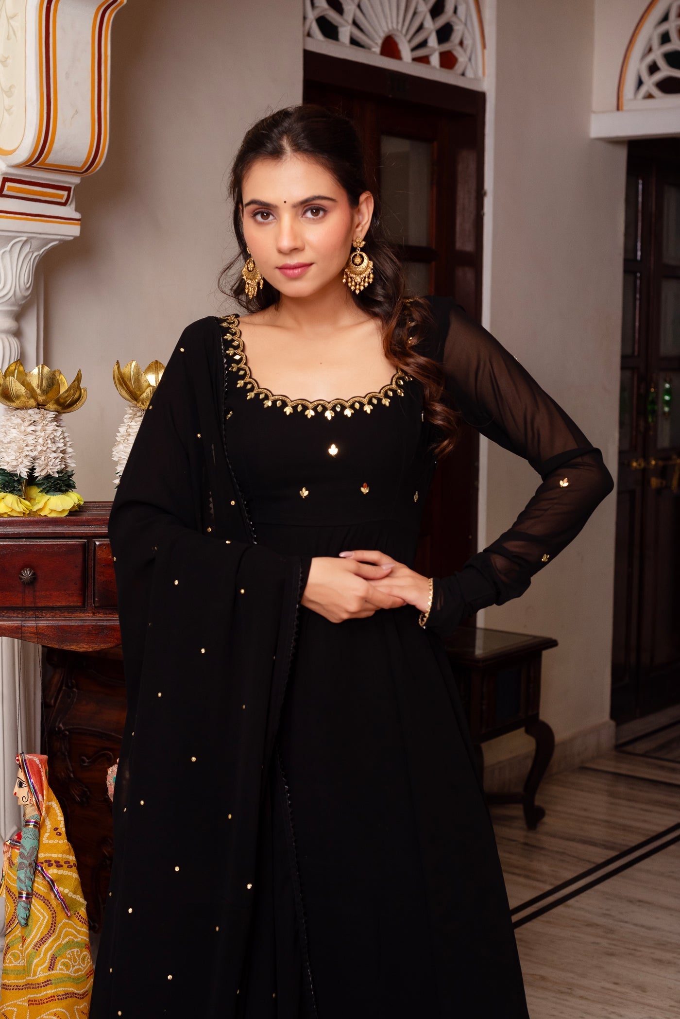 Black Soft Georgette Anarkali Suit with Dupatta For Festive Wear