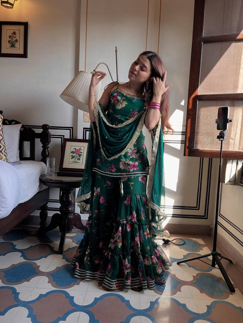 Party Wear Emerald Green Floral Printed Sharara Set with Lace & Sequins Dupatta