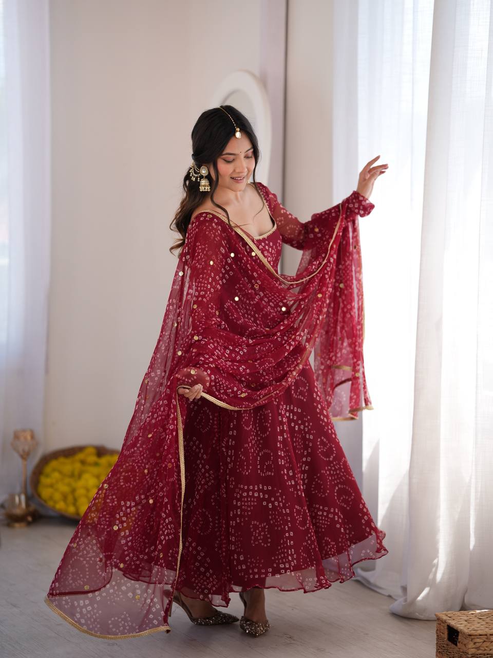 Maroon Anarkali Gown Style Suit Set with Mirror Work Dupatta | Festive & Function Wear