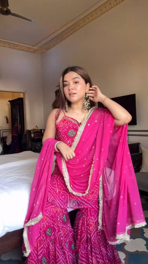 Festive Pink Faux Georgette Mirror Work Sharara Suit Set with Dupatta