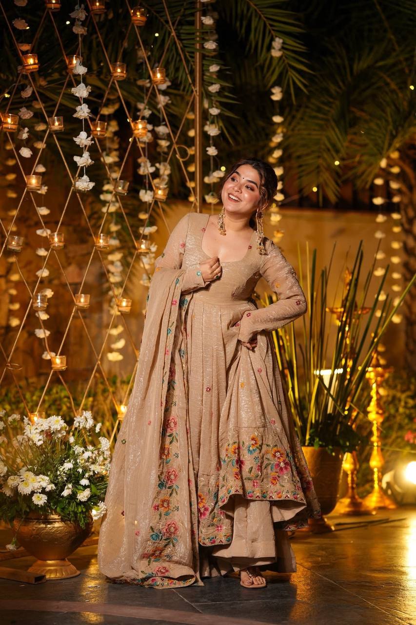 Champagne Beige Anarkali Sharara Set For Elegant Festive Wear