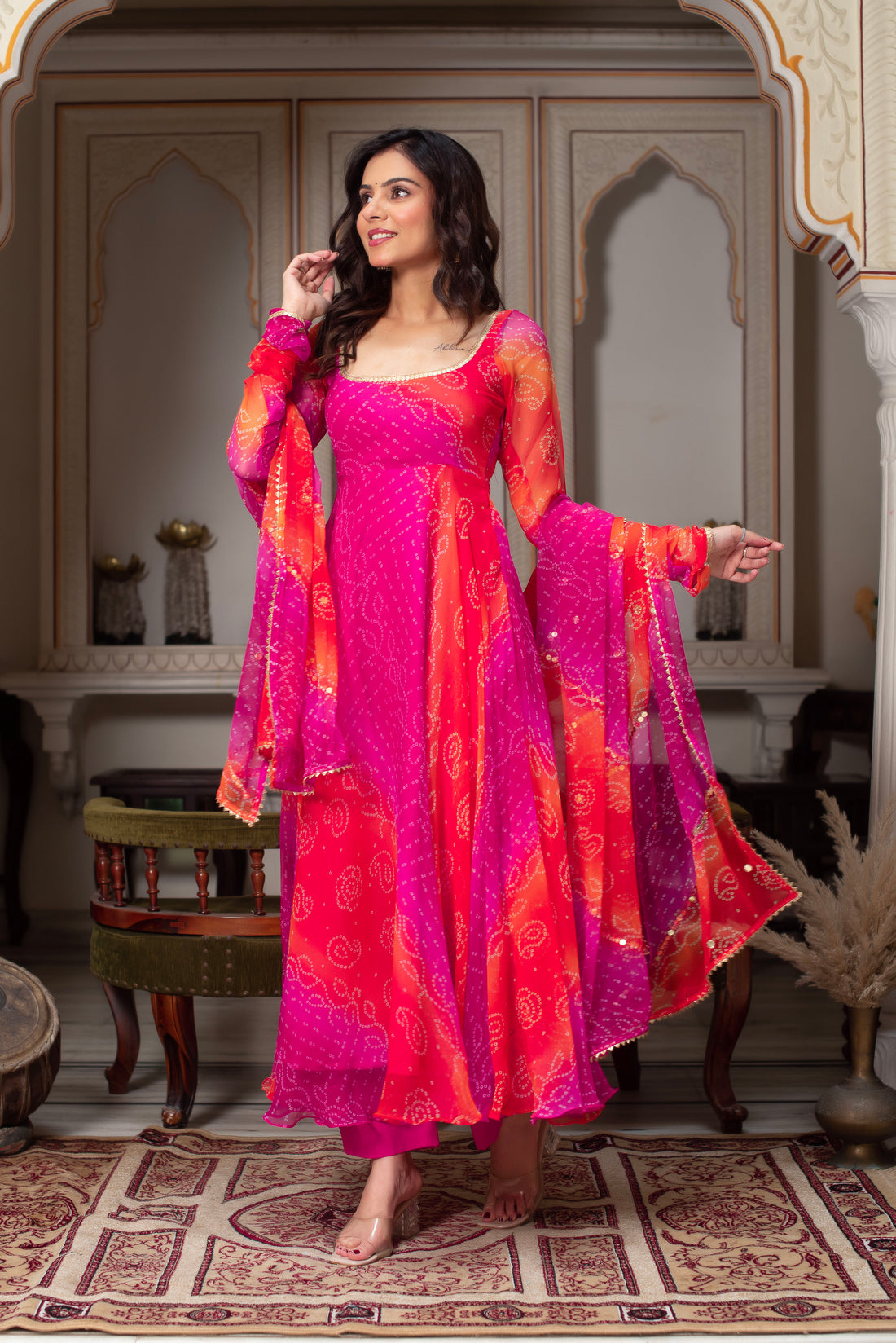 Pink & Orange Bandhani Print Faux Georgette Anarkali Suit Set with Dupatta