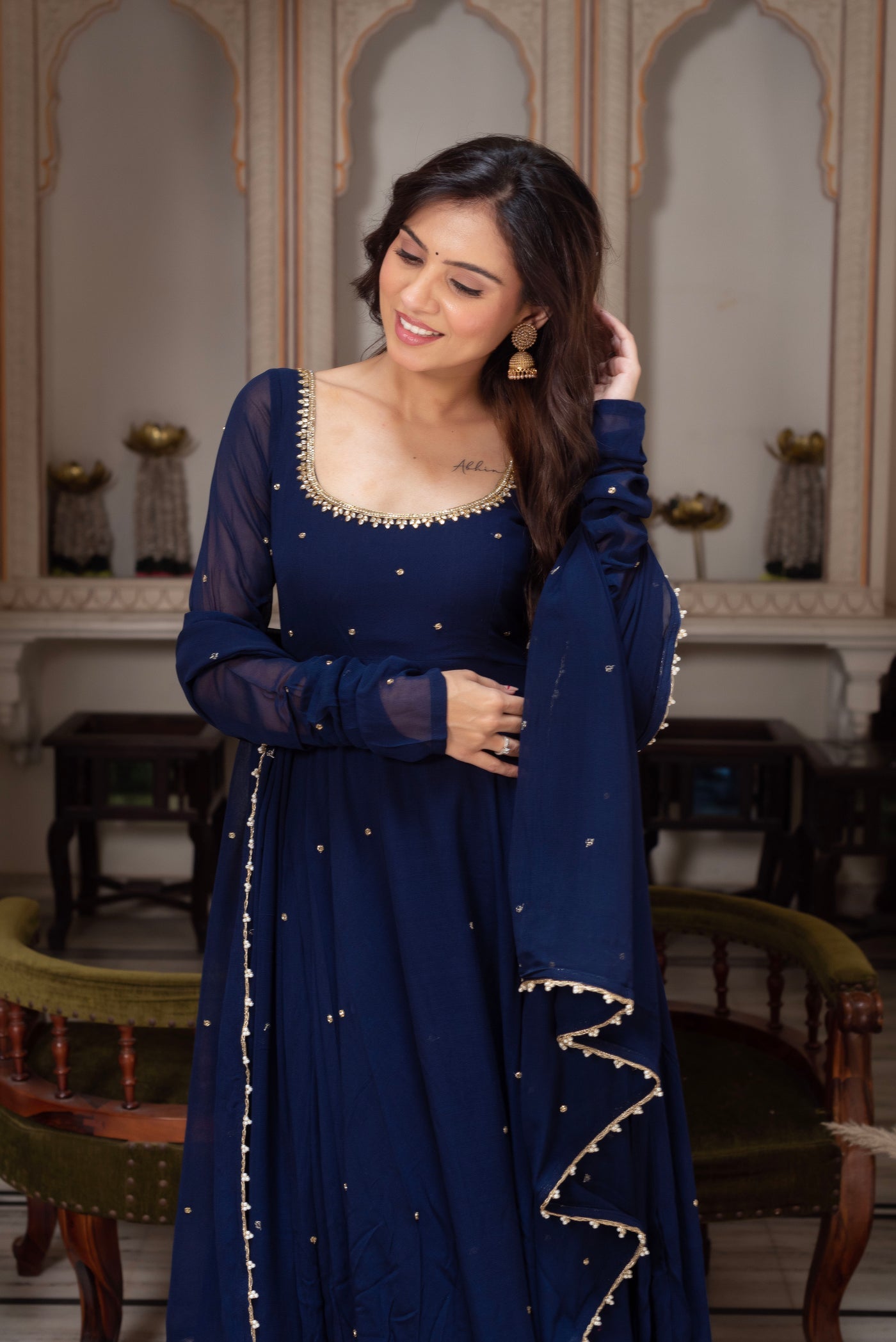 Function Wear Navy Blue Premium Georgette Anarkali Suit Set with Lace Border Dupatta