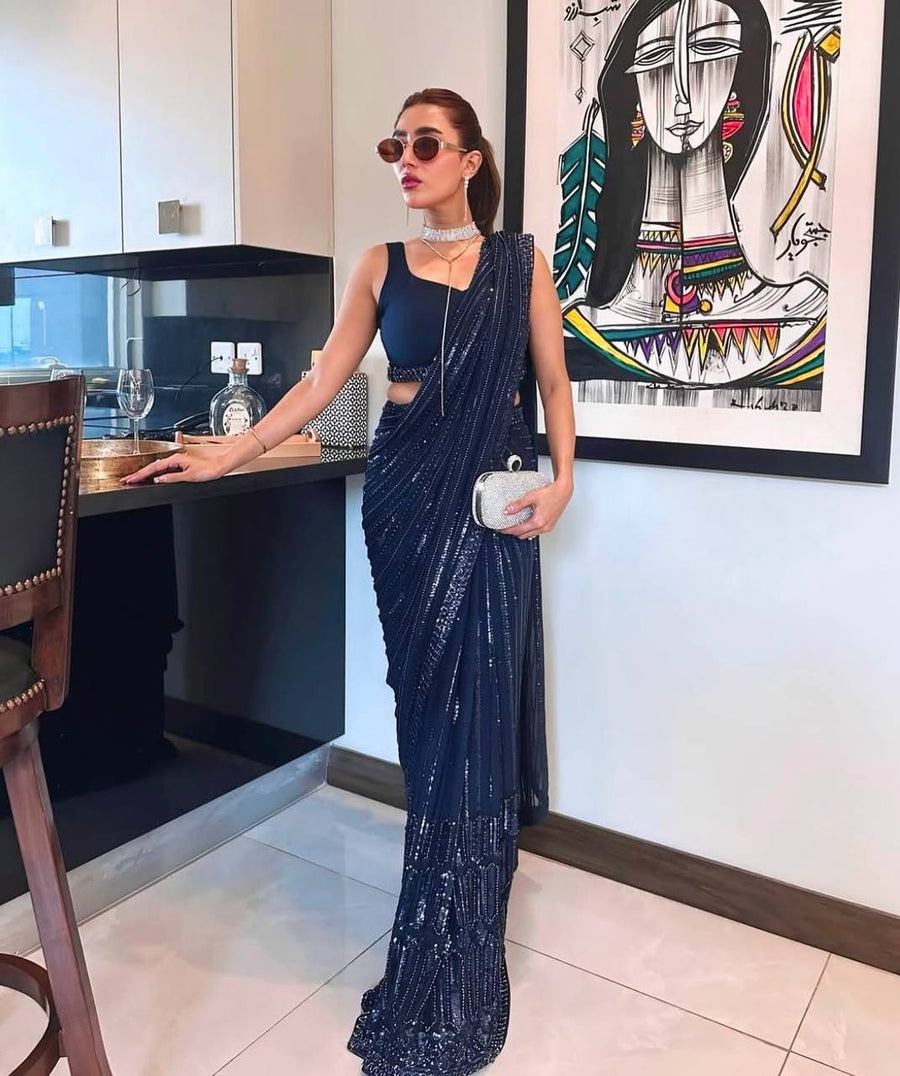 Navy Blue Georgette Partywear & Cocktail Saree With Sequins & Dori Embroidery