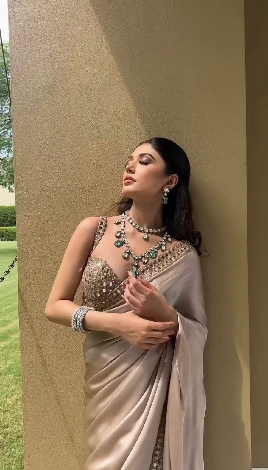 Partywear Champagne Beige Satin Silk Saree with Real Mirror Work Border & Designer Blouse