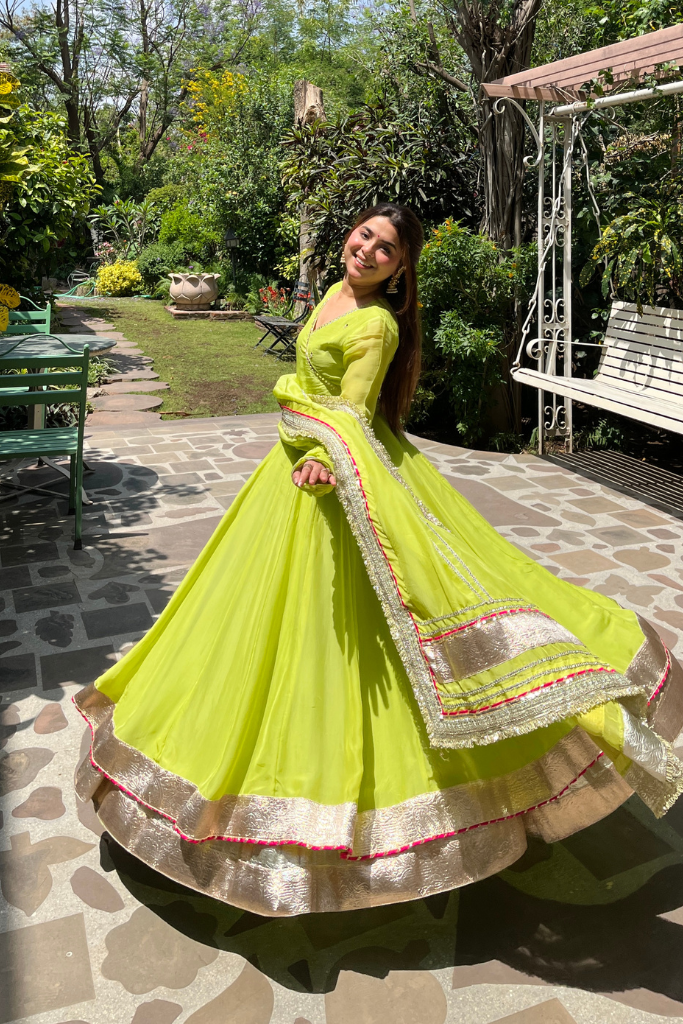 Lime Green Flared Anarkali Suit Set For Women | Ethnic Wear for Wedding, Party & Festive Occasions