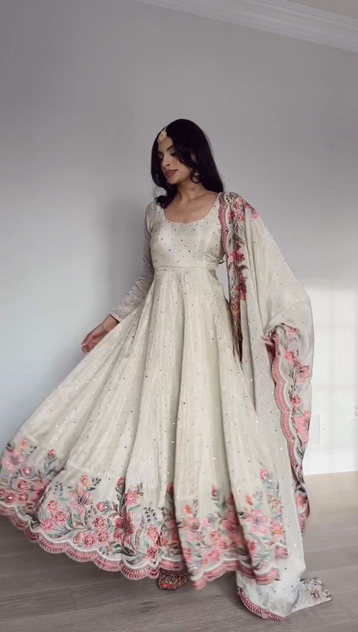 Function Wear Ivory Pure Vichitra Silk Anarkali Suit with Heavy Sequin Embroidery & Dupatta