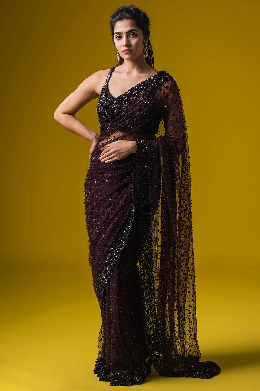 Dark Brown Glamorous Net Saree with Hologram Sequin Work & Banglori Silk Blouse