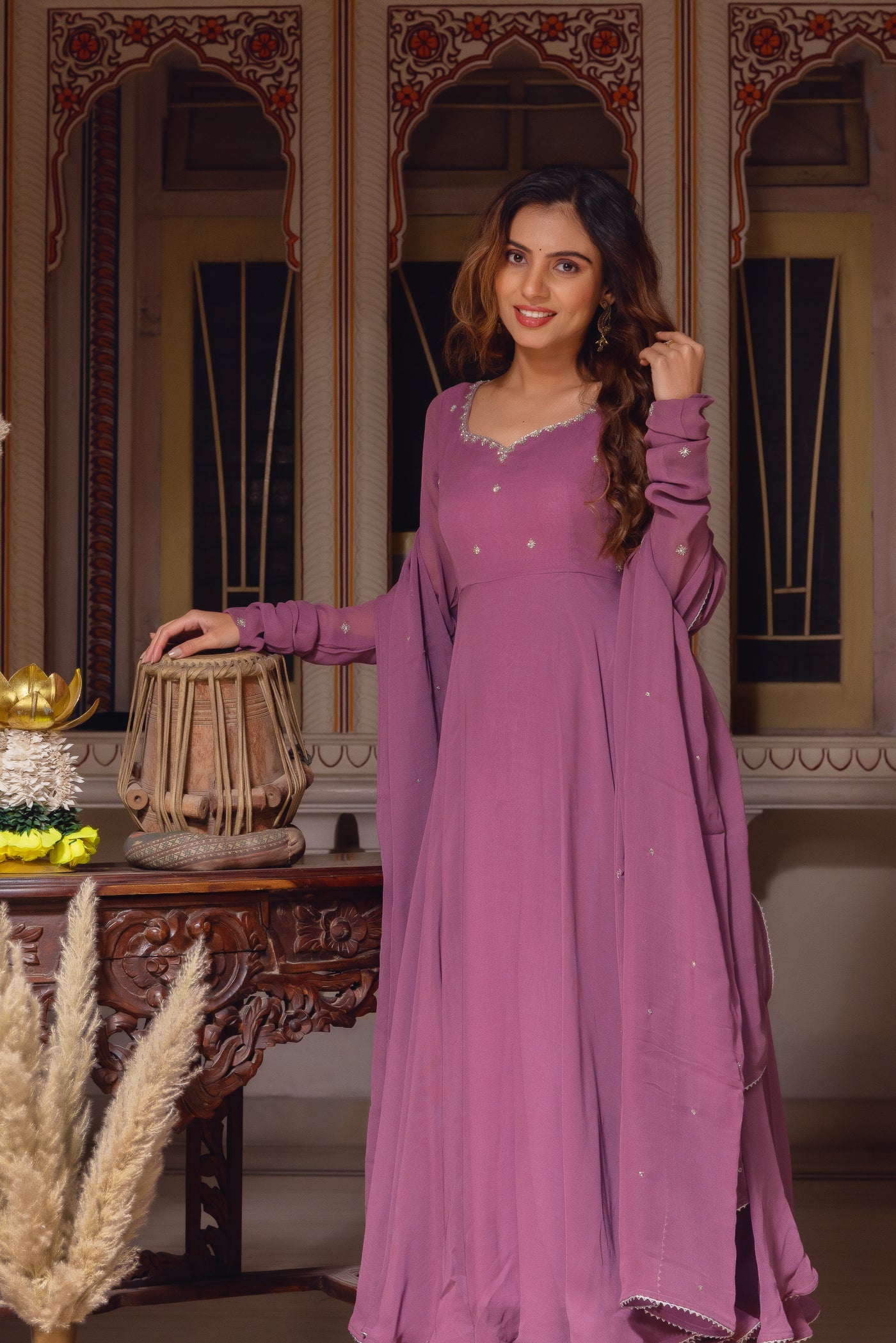 Festive Wear Mauve Faux Georgette Hand Work Gown Suit Set