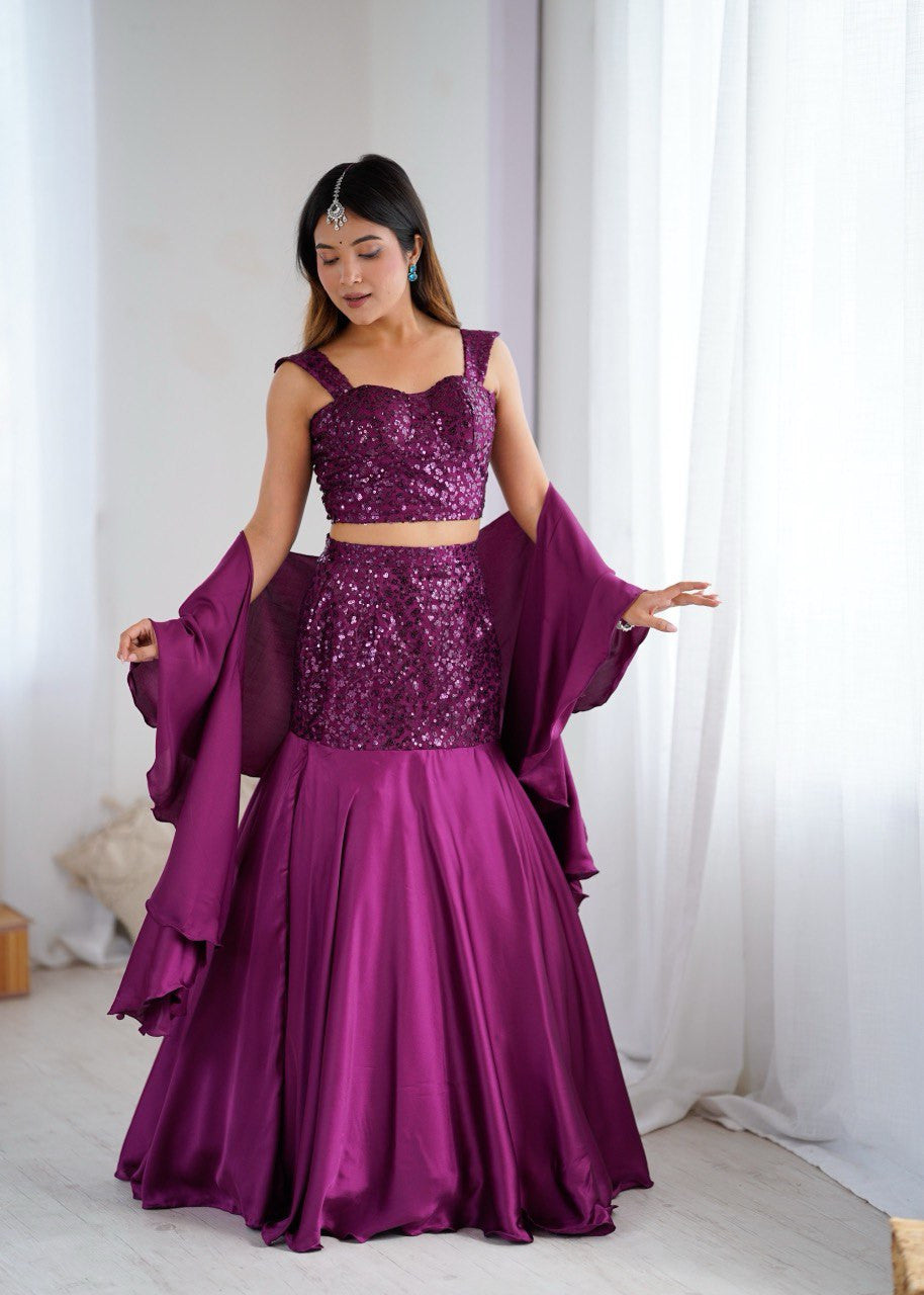 Wine Sequin Fish Cut Lehenga Choli Set with Dupatta | Fish Cut Lehenga For Women