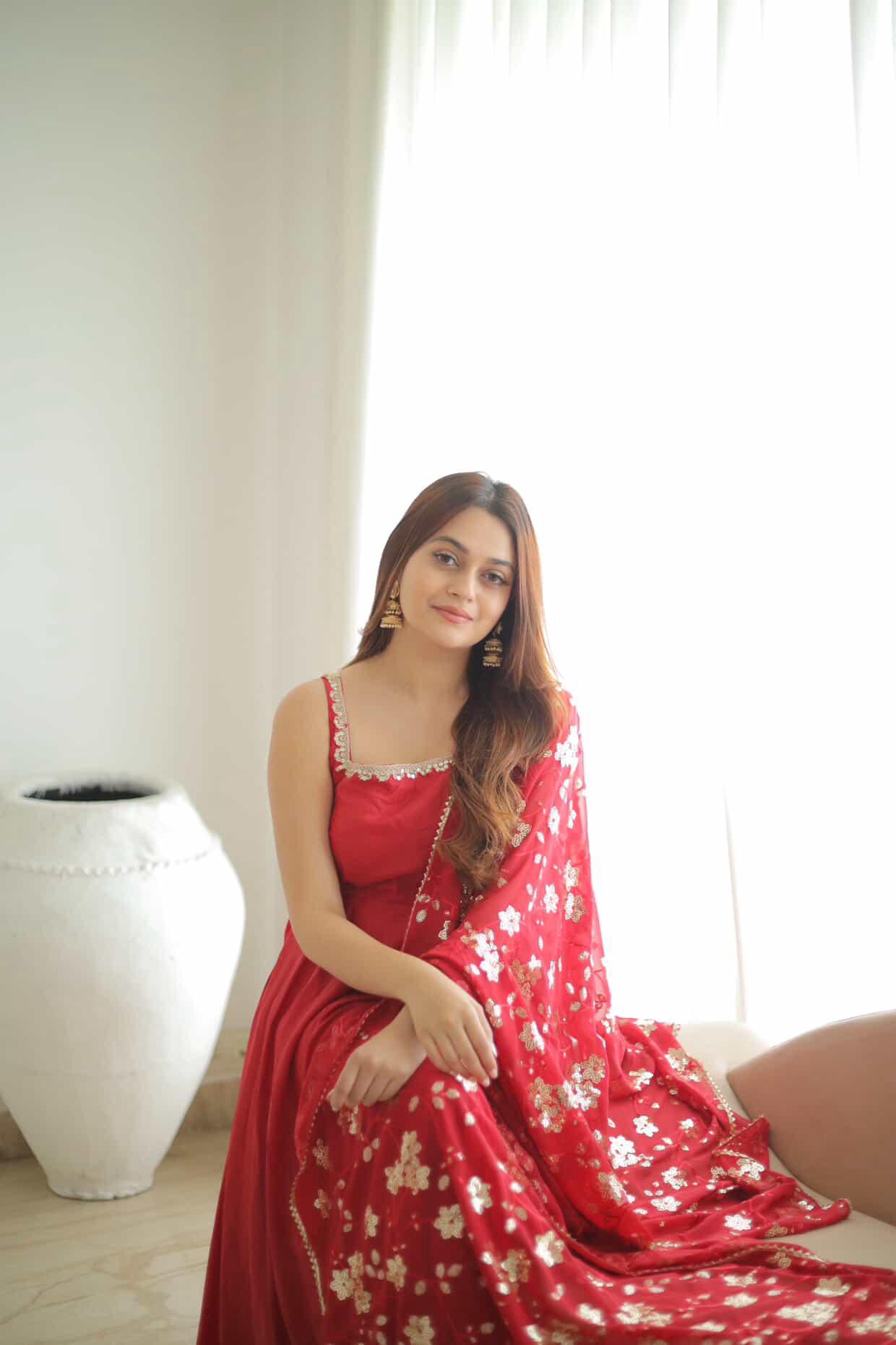 Red Georgette Sleeveless Gown with Sequins Dupatta | Party & Festive Wear