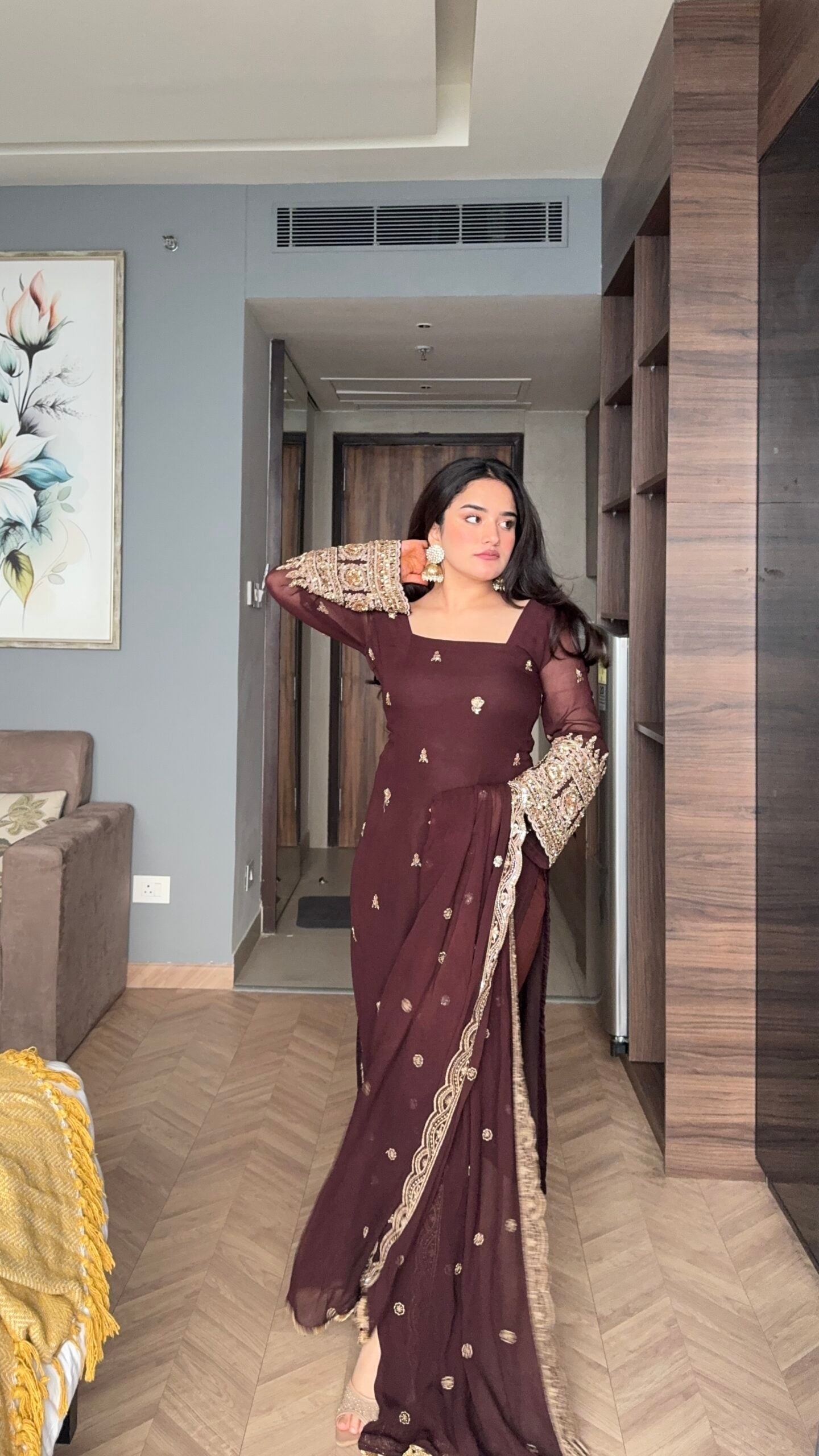 Wine Faux Blooming Anarkali Suit Set with Zari Embroidered Dupatta | Festive & Party Wear