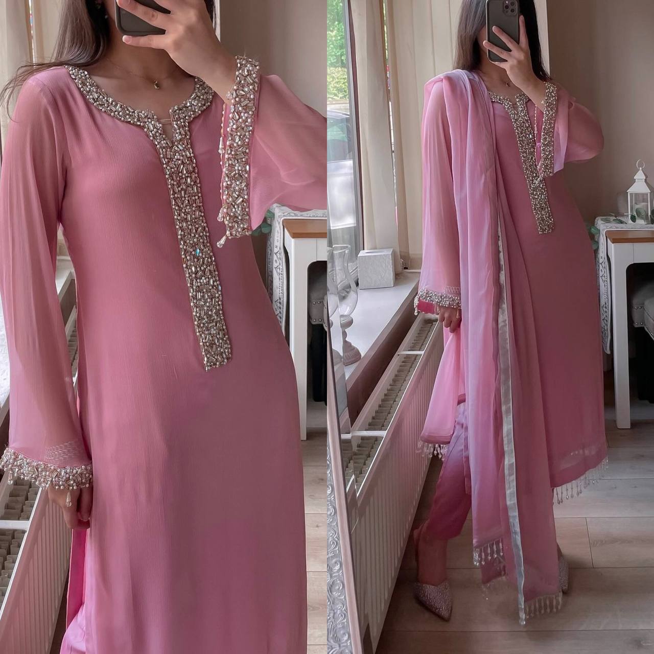 Dusty Rose Moti Handwork Kurta Set For Women | Buy Eid Special Dress For Women