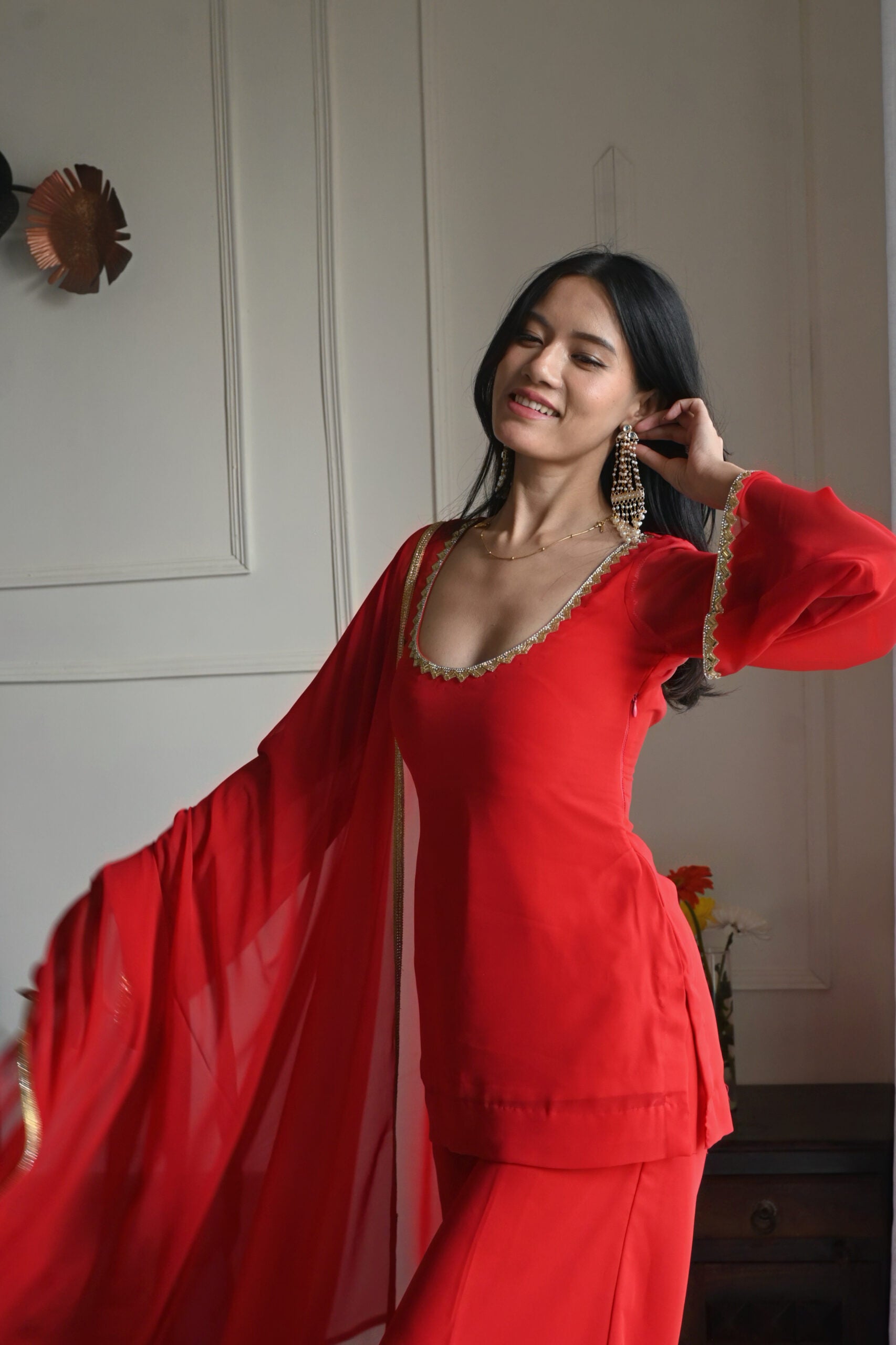90's Style Red Handcrafted Georgette Palazzo Kurti Set | 90s Dress For Women | 90s Outfits Women