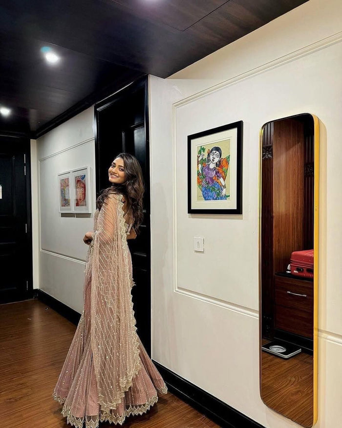 Party Wear Ready To Wear Soft Pink & Silver Fish Cut Lehenga Saree