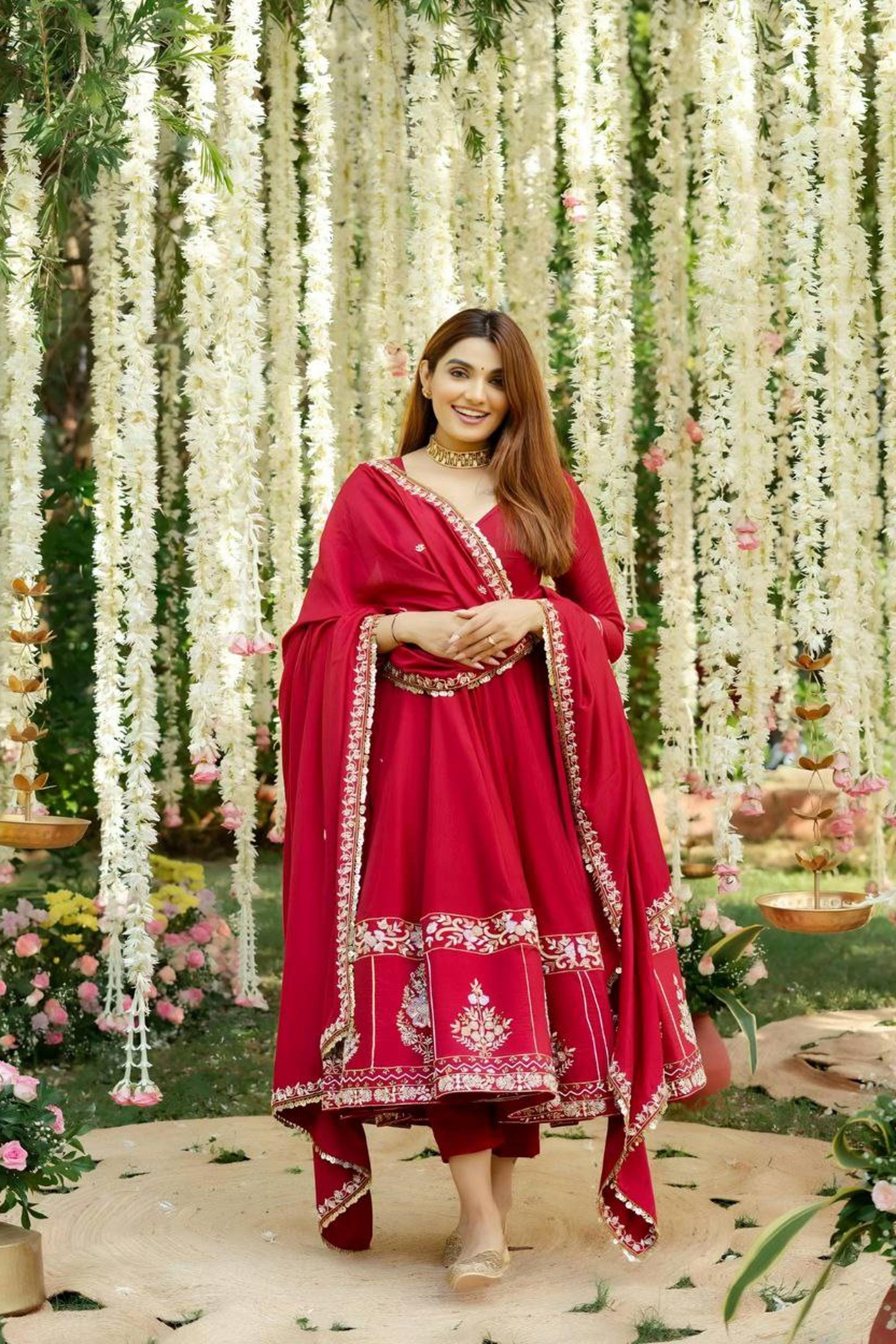 Wedding Wear Red Roman Silk Embroidered Anarkali Suit Set with Dupatta