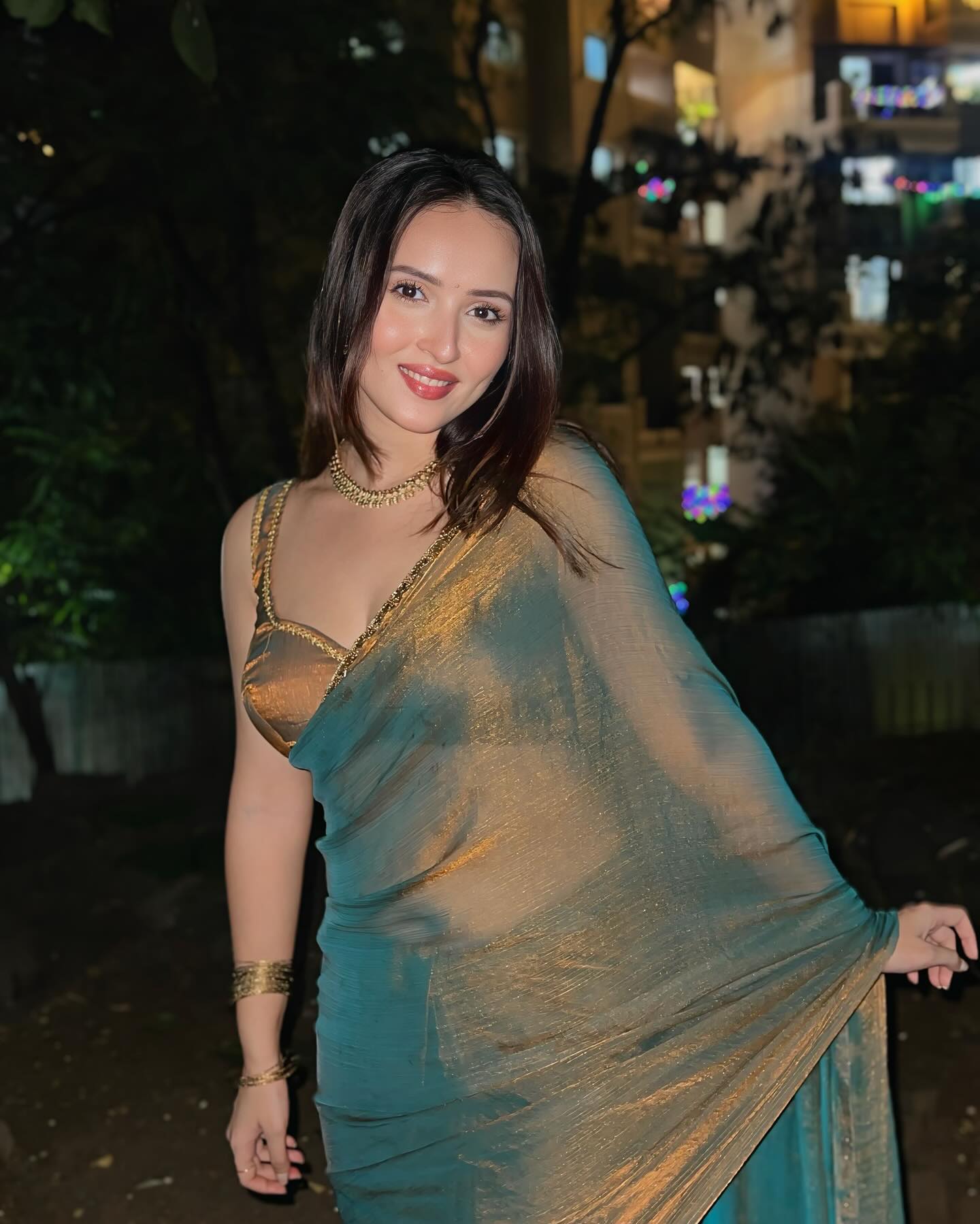 Party Wear Saree For Women | Teal Green & Golden Saree with Handwork Lace Border