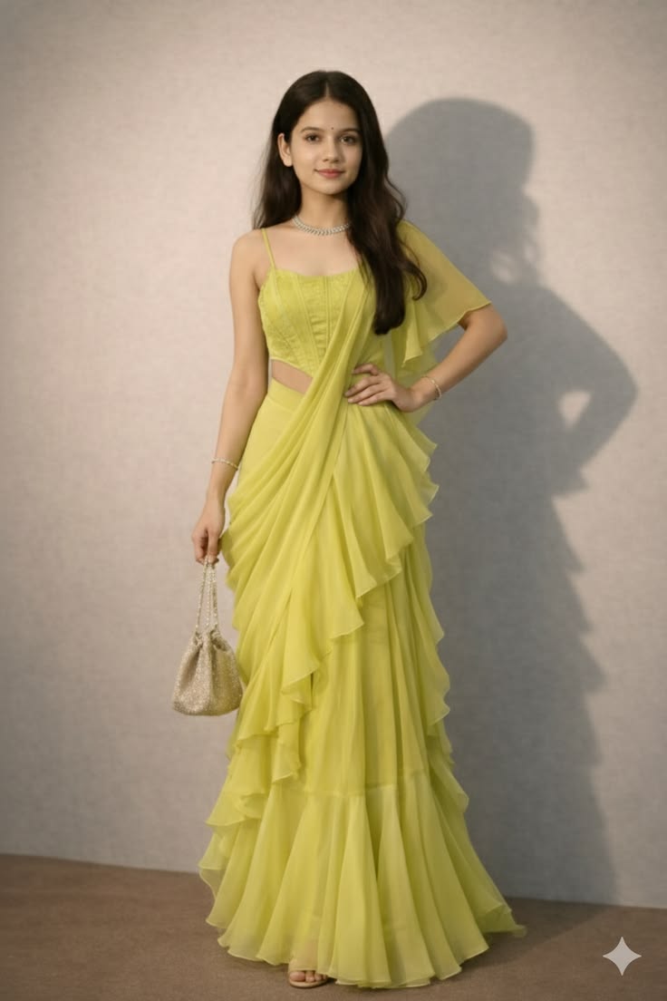Lime Green Ready To Wear Ruffle Saree For Women | Ready To Wear Saree For Wedding