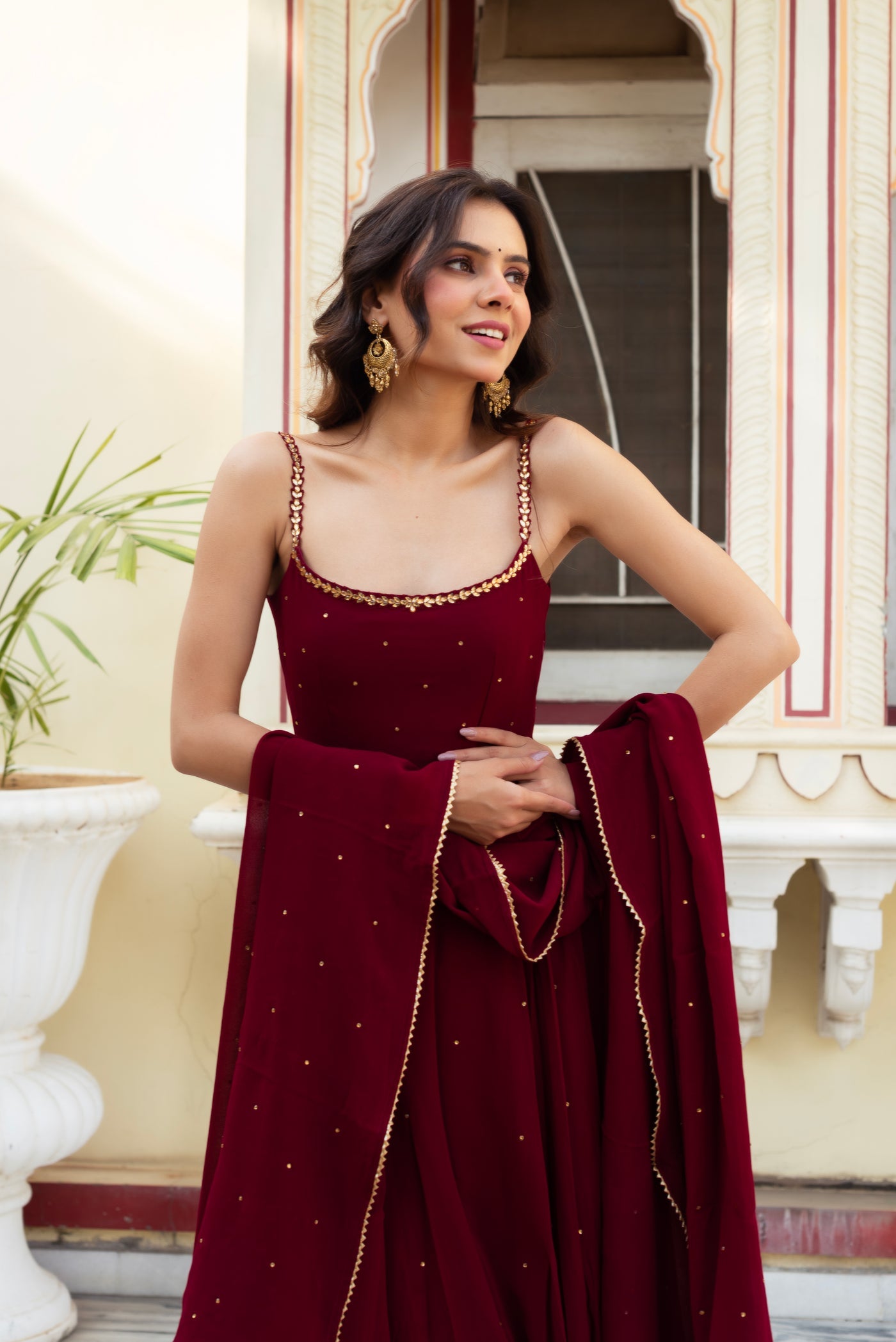 Festive Wine Maroon Heavy Faux Georgette Mirror Work Anarkali Palazzo Suit Set