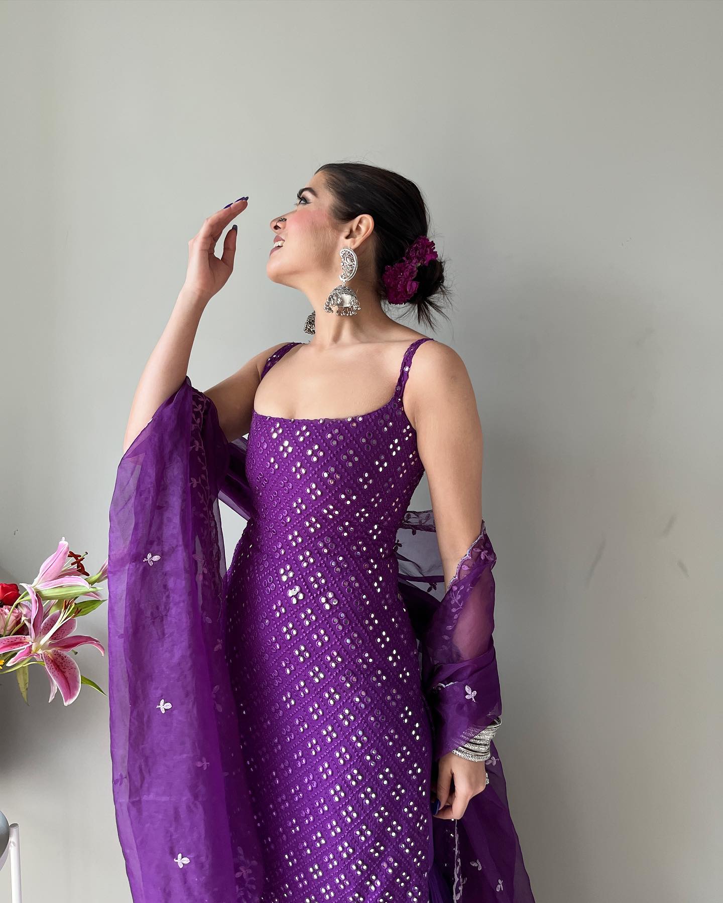 Party Wear Royal Purple Embroidered Georgette Kurti Sharara Set with Dupatta