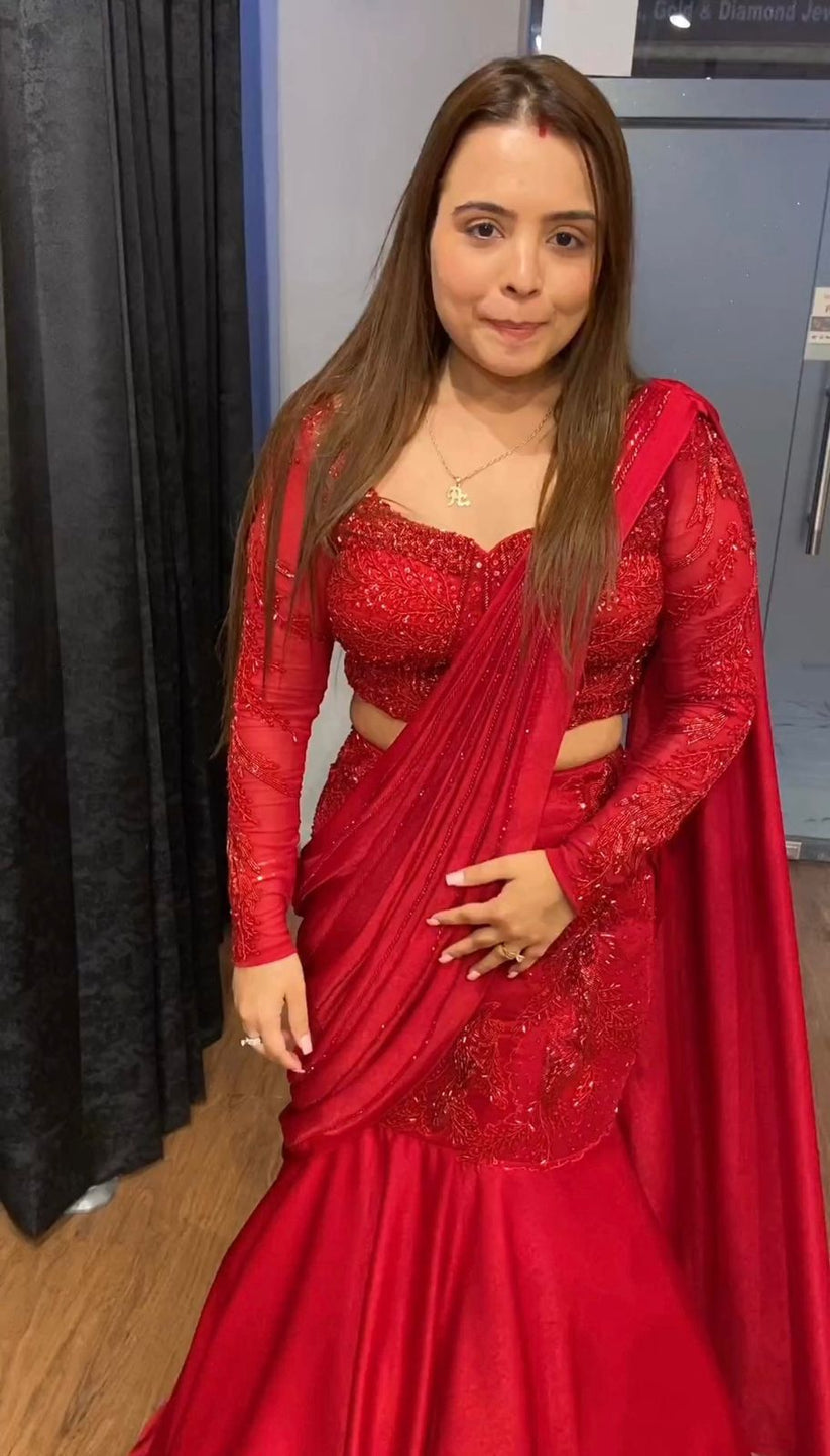 Red Satin Silk Fish Cut Ready To Wear Lehenga Saree For Women | Fish Cut Lehenga For Women