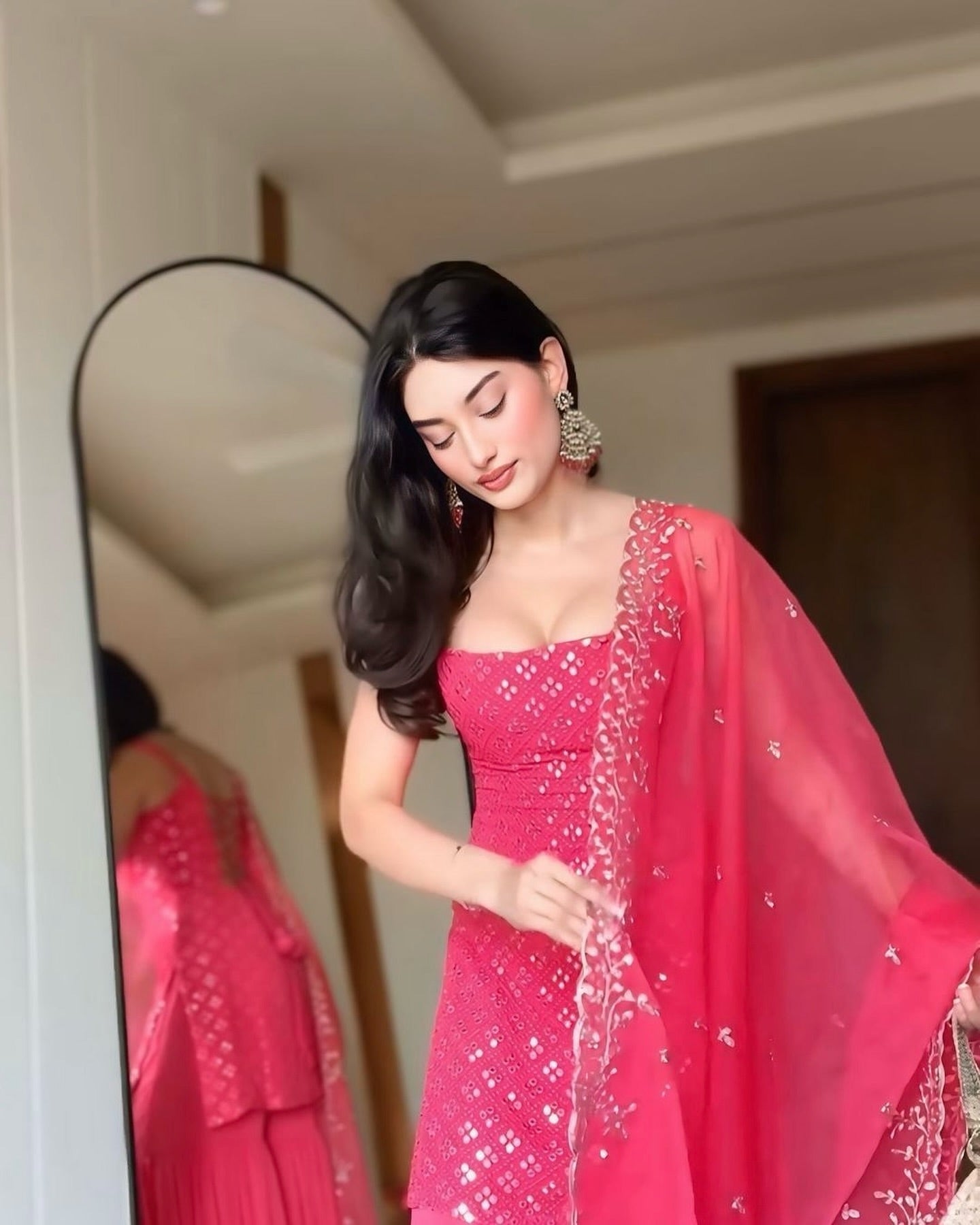 Party Wear Rose Pink Embroidered Georgette Kurti Sharara Set with Dupatta