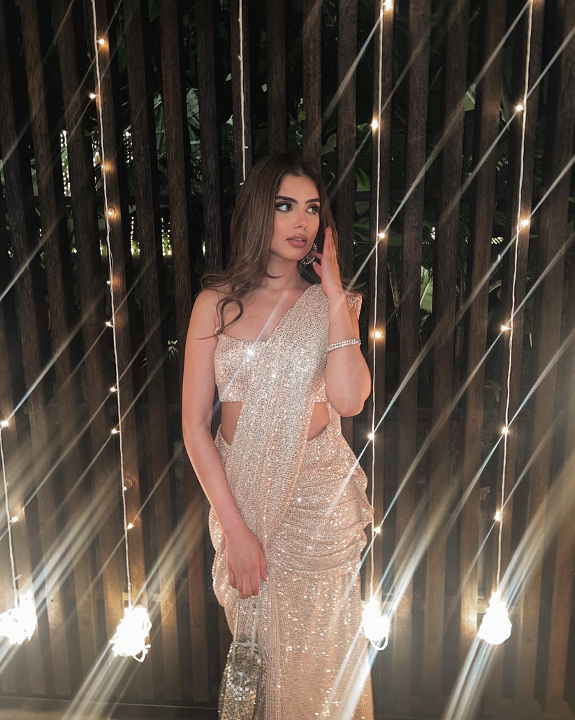 Partywear Ready To Wear Gold Sequin Georgette Saree