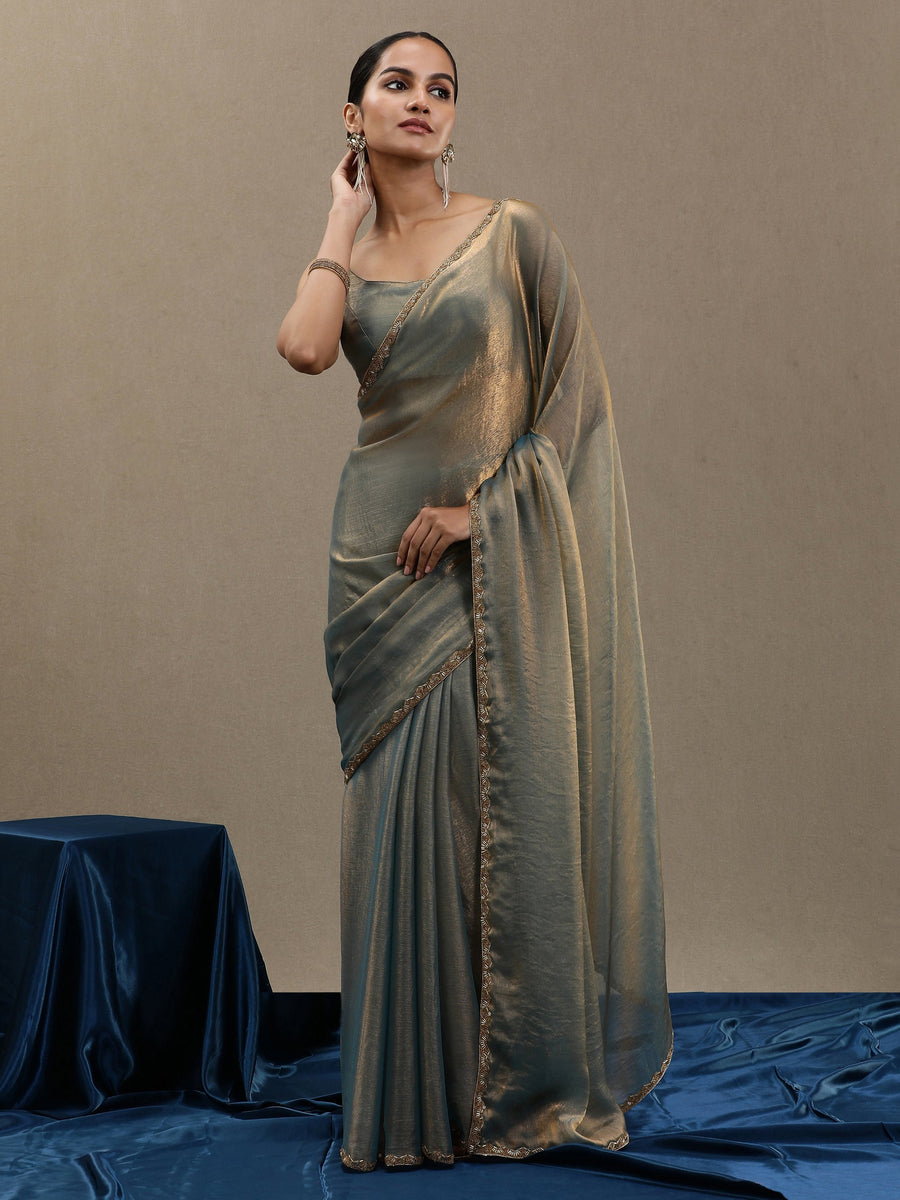 Elegant Grey-Gold Soft Organza Saree with Minimal Border – Premium Designer Saree