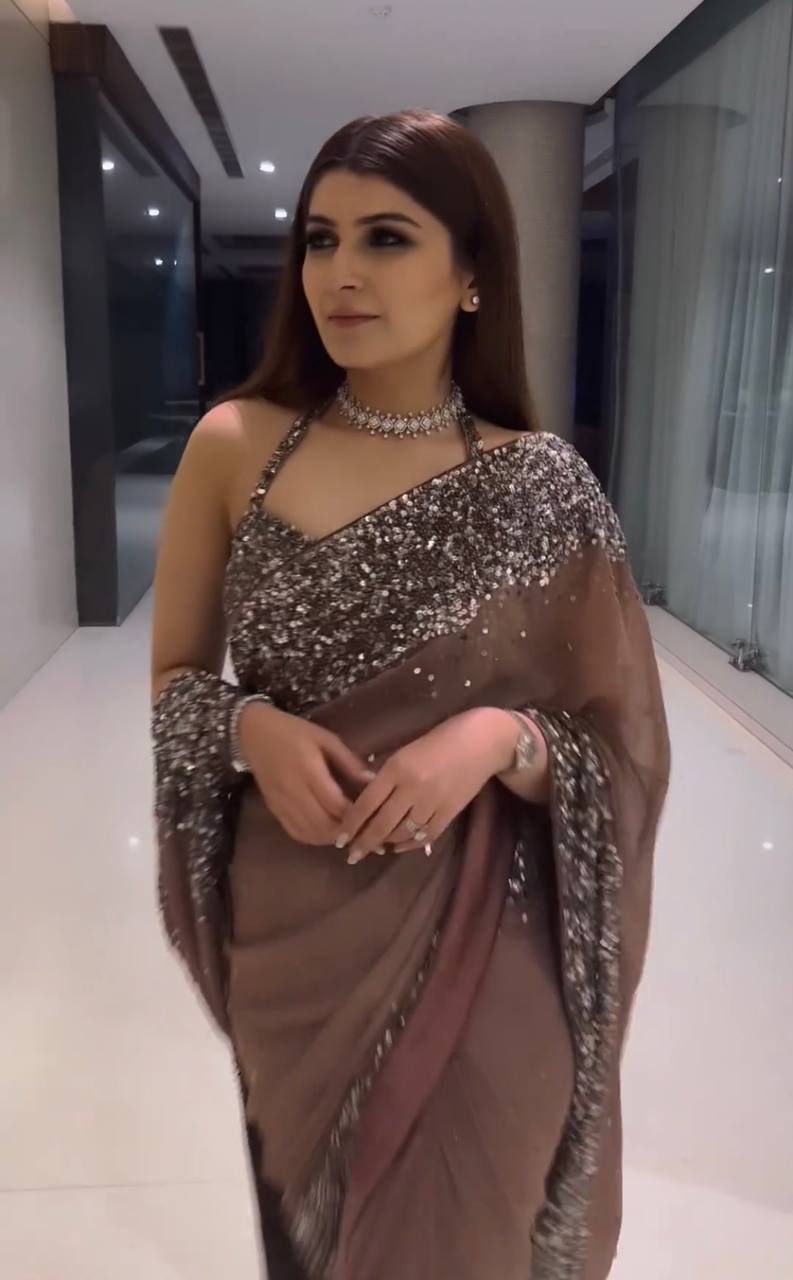 Chocolate Brown Georgette Glitter Saree For Party & Wedding Wear