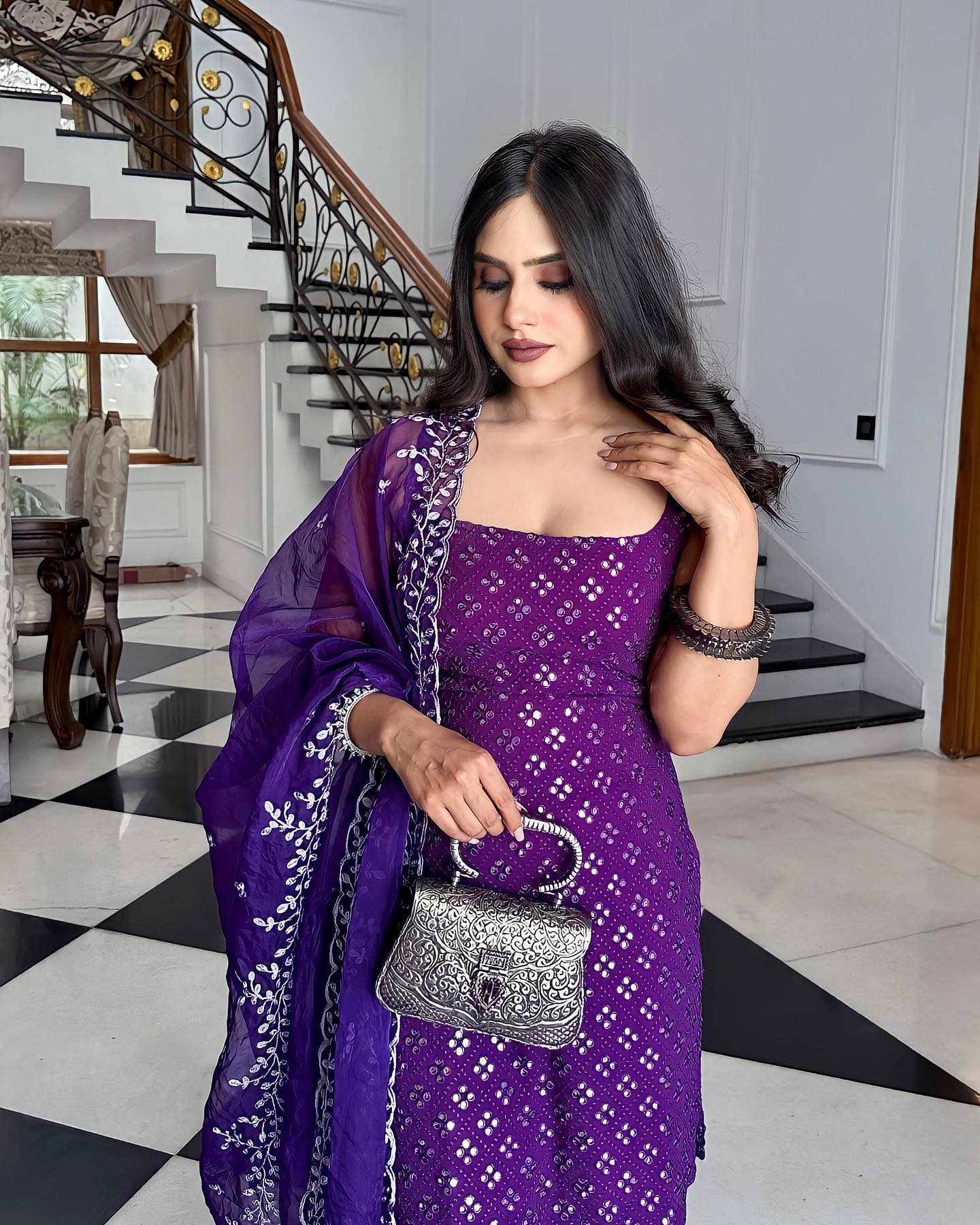 Festive Wear Purple Georgette Embroidered Kurti Sharara Set with Dupatta